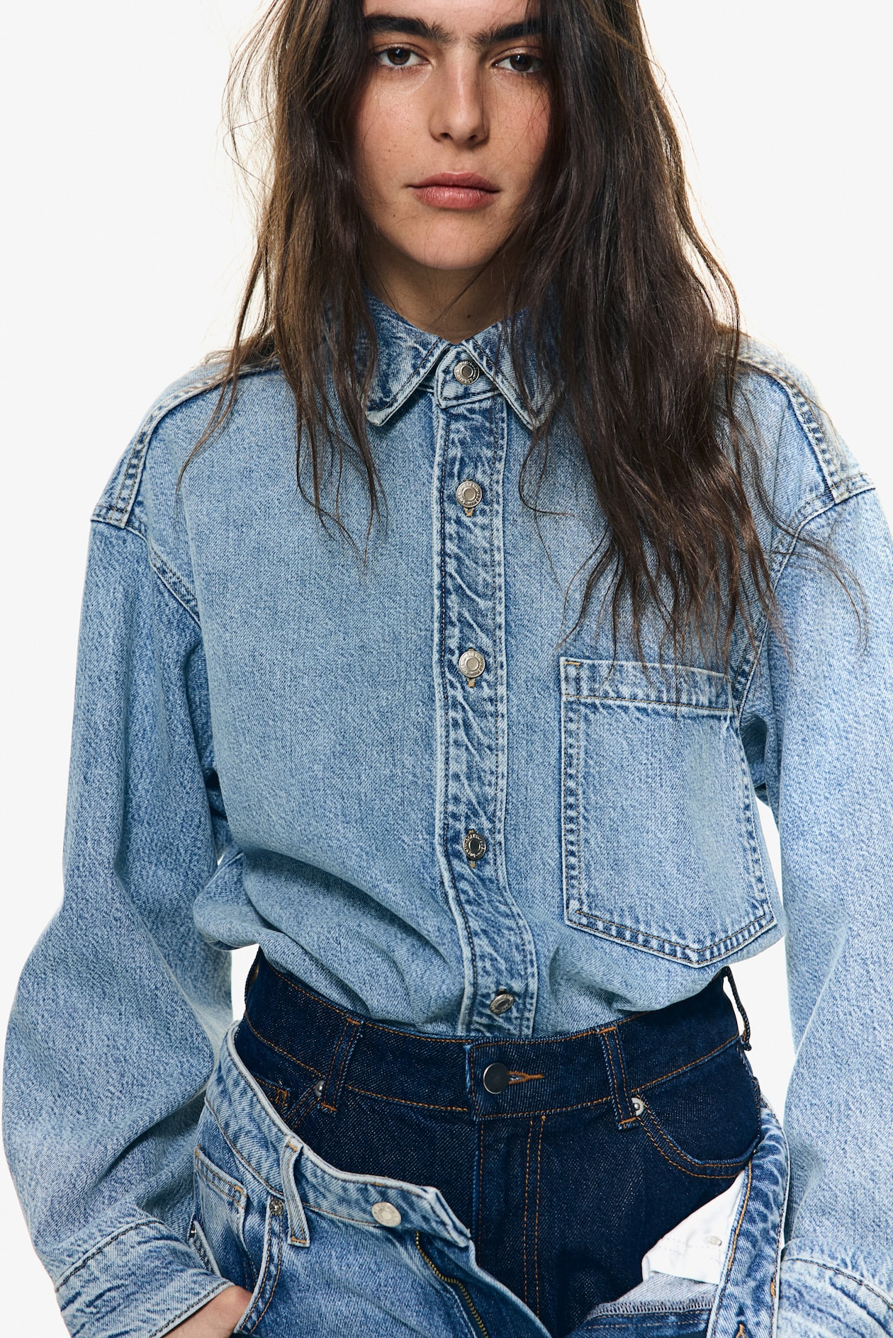 Feather Soft Oversized Denim Shirt Light denim blue Ladies H&M
