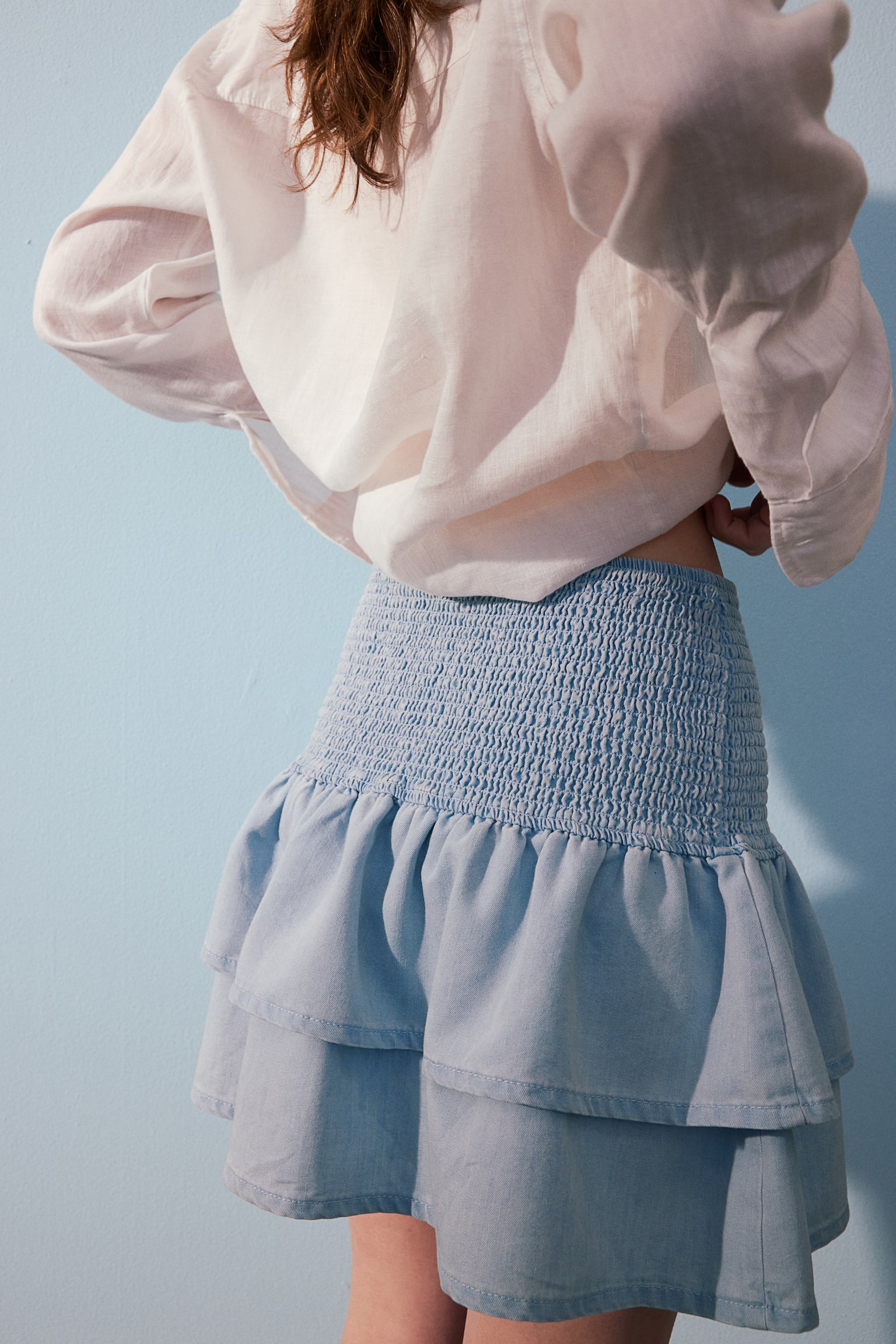 Smock Waist Tiered Skirt - Light denim blue/Cream/Black pattern/Dark blue/White stripe - 5