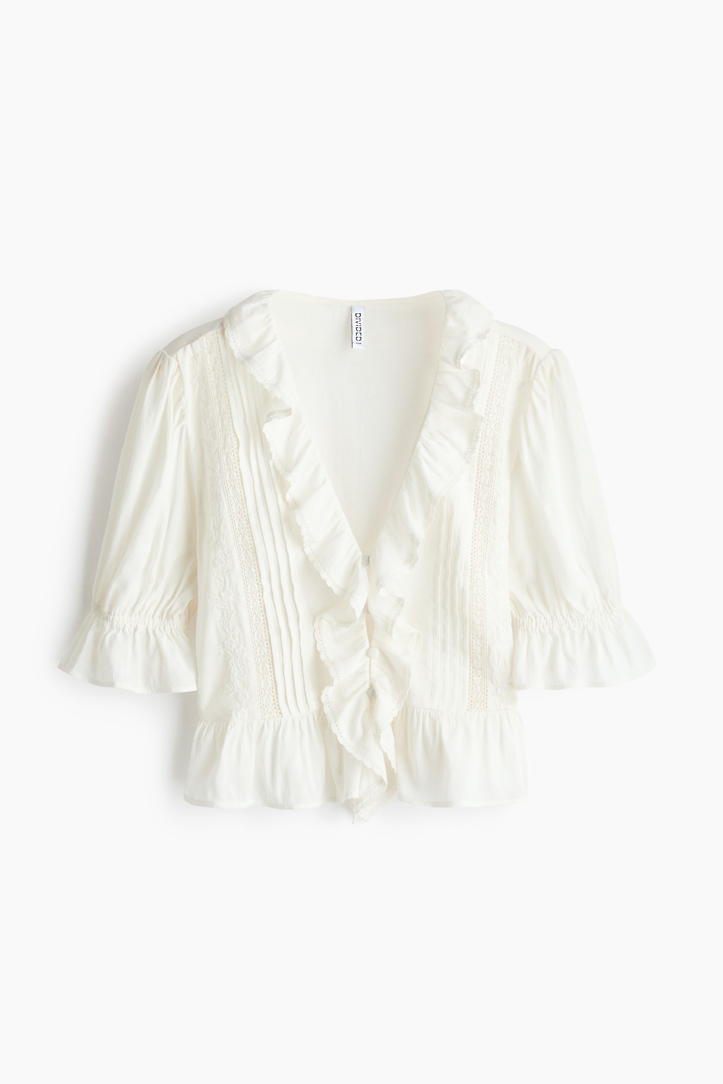 Bluse med flæser - Hvid/Lysegrå