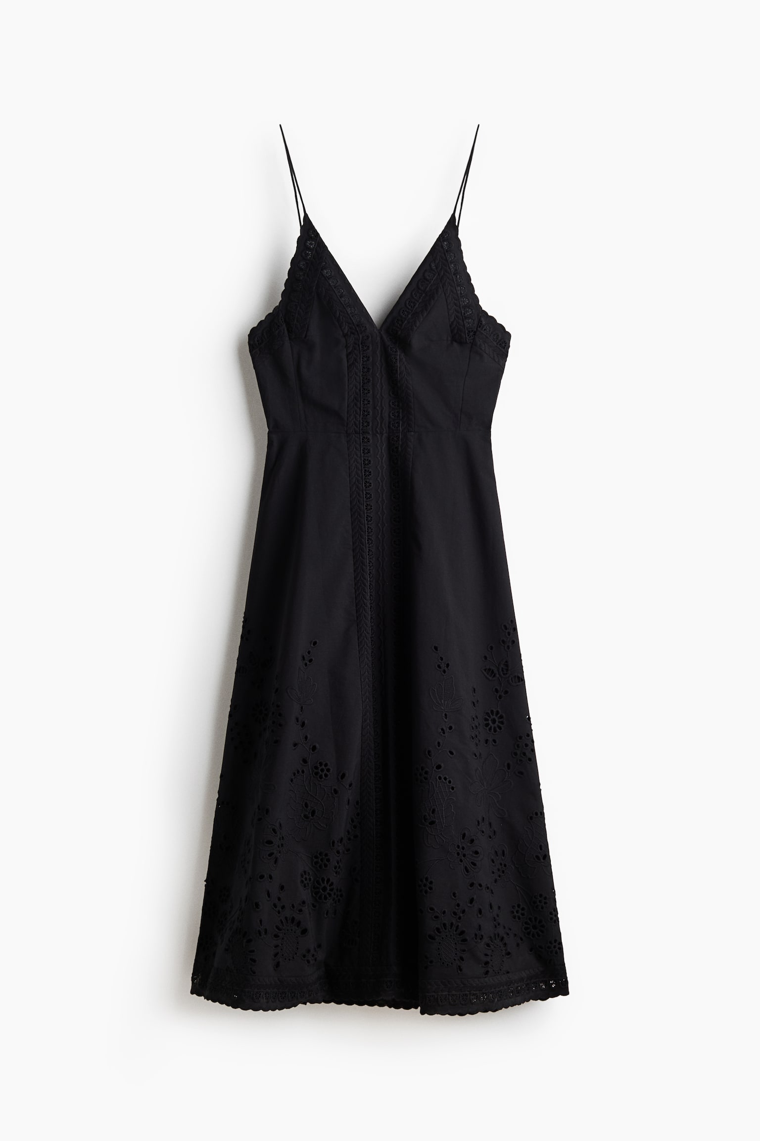 Vestido de tirantes espagueti con bordado inglés - Negro