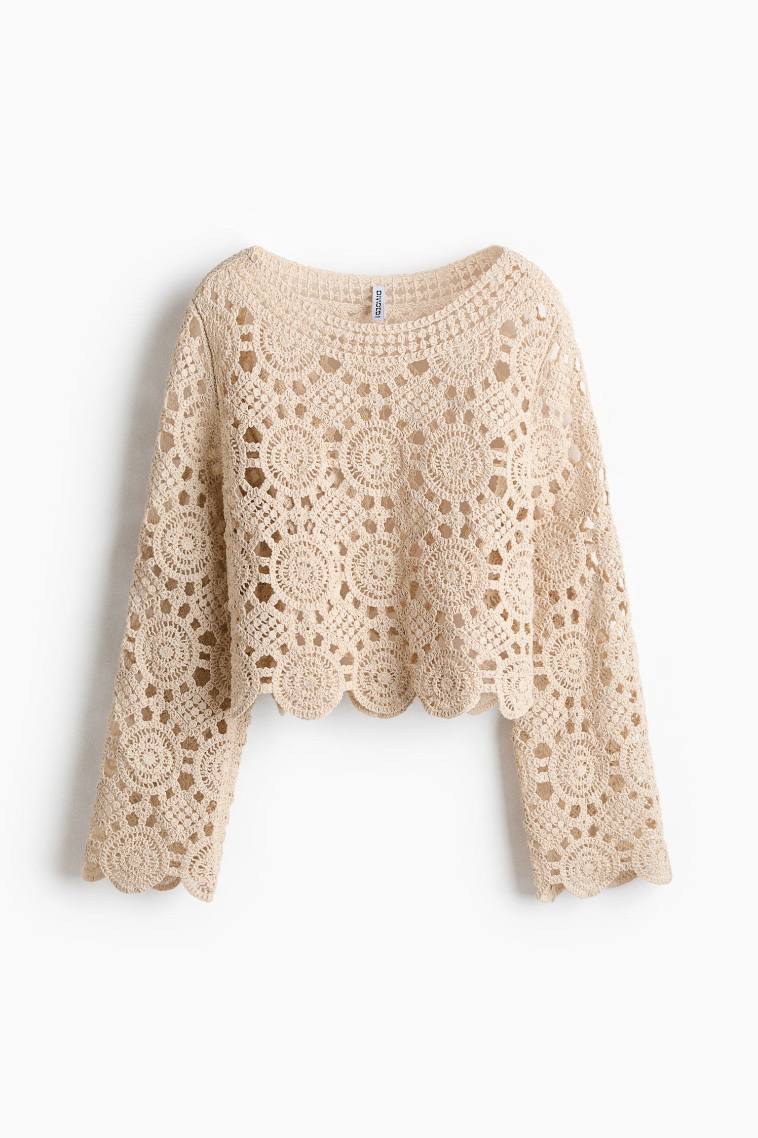 Crochet-look hole-knit top - Light beige/Black/Patterned - 2