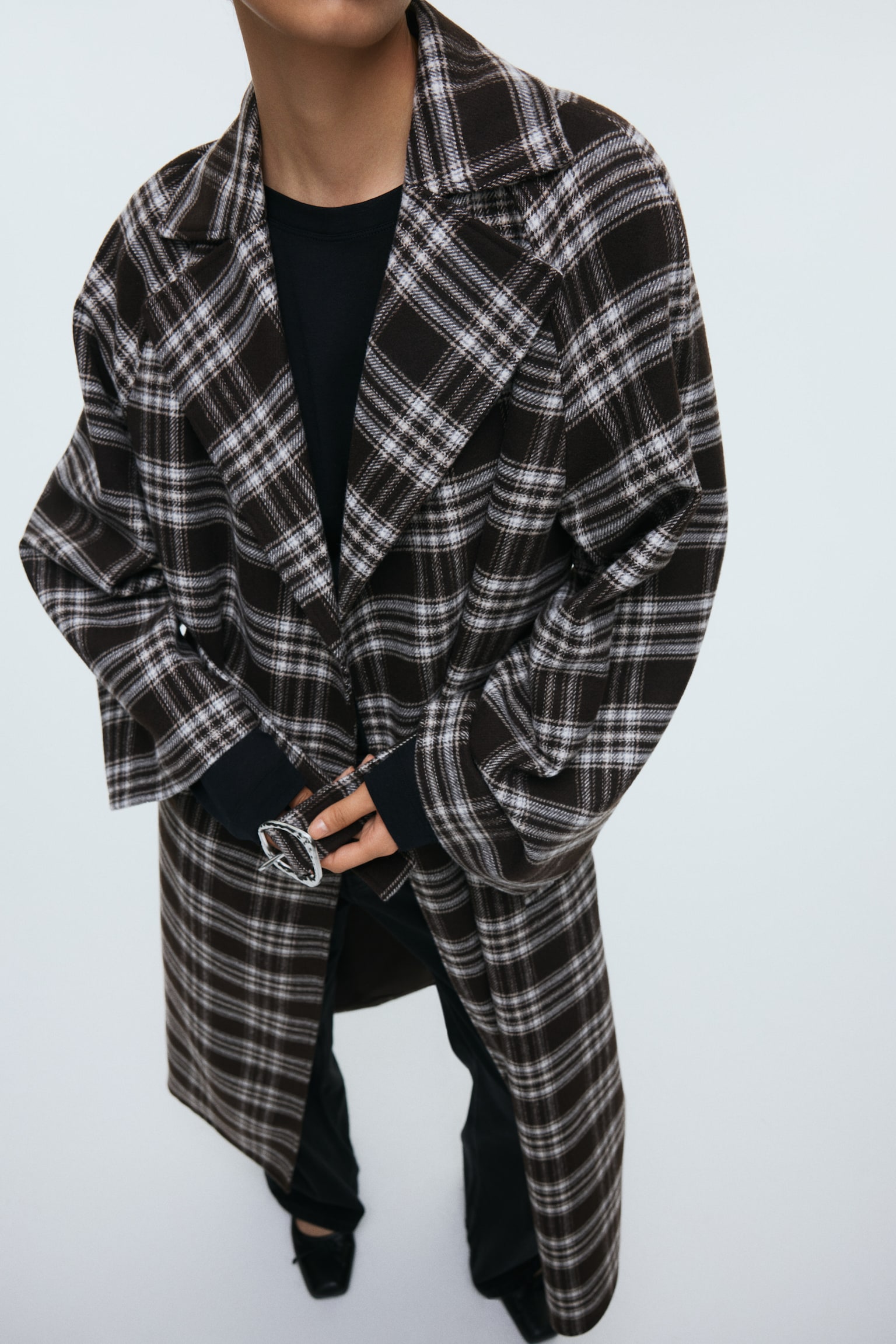 Maxikabát s opaskom - Tmavohnedá/károvaná/Tmavohnedá - 3