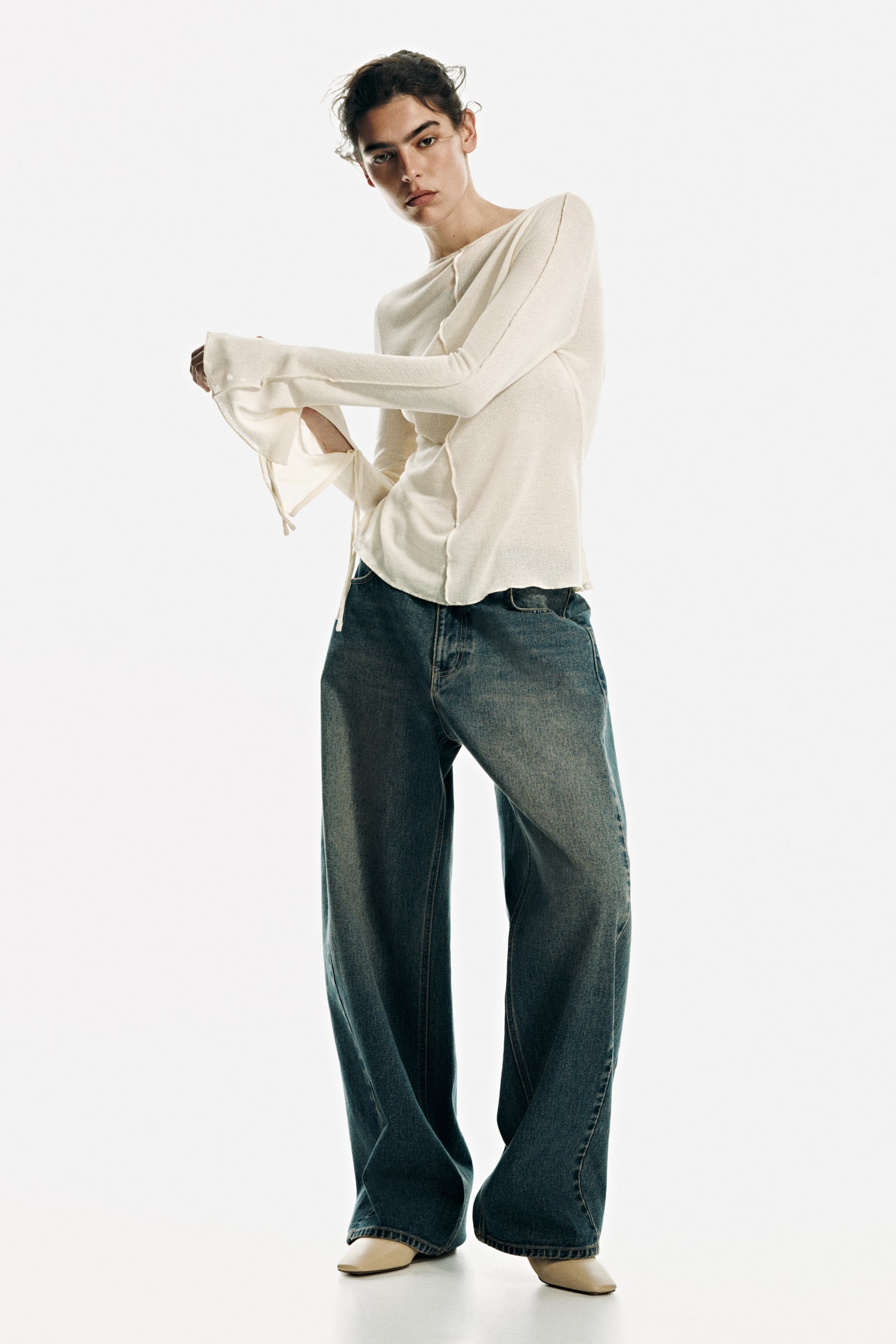 Knitted boat-neck top - Light beige/Black - 4