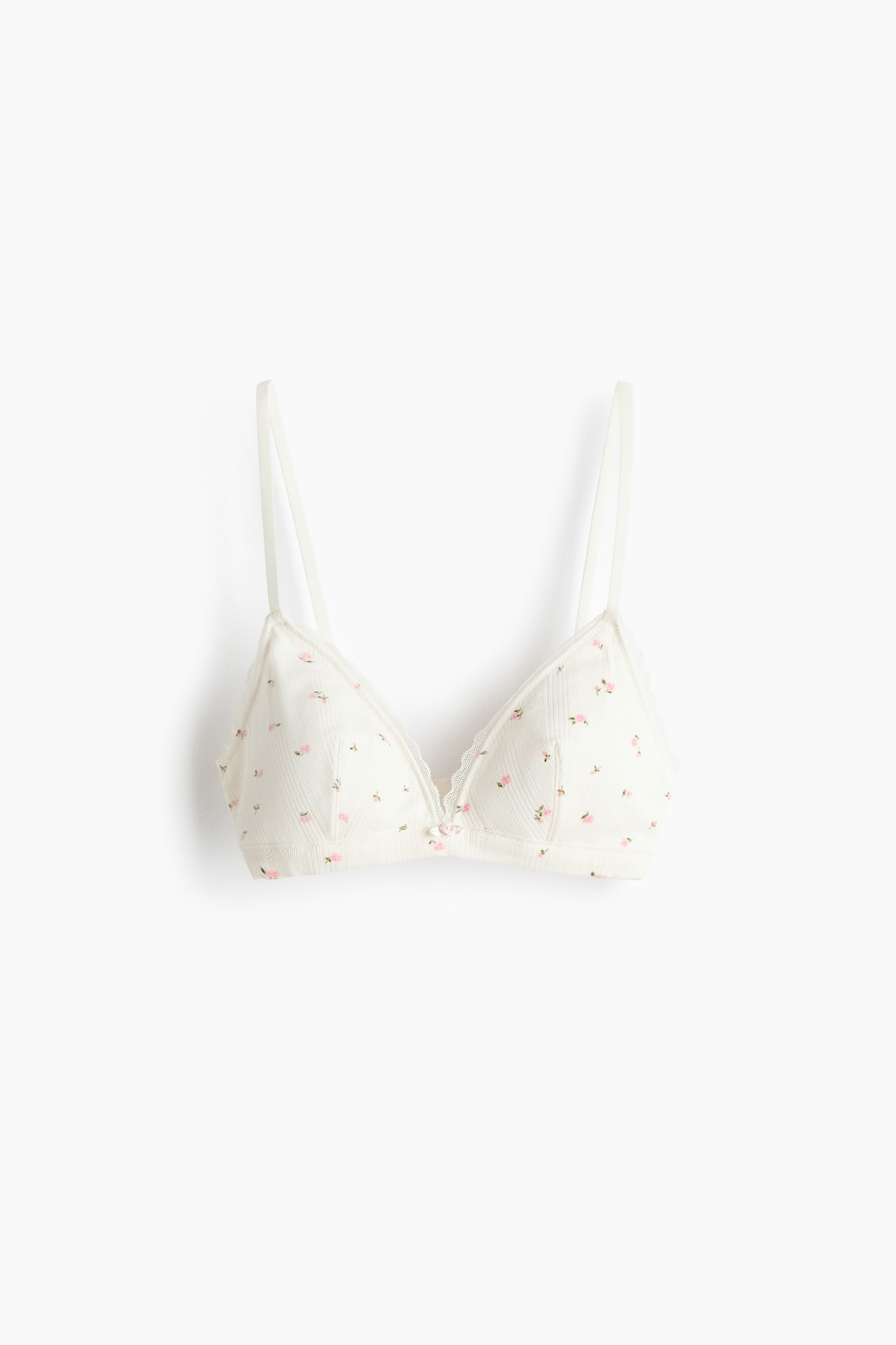 Padded Soft-Cup Pointelle Bra - White/floral/Light peach pink