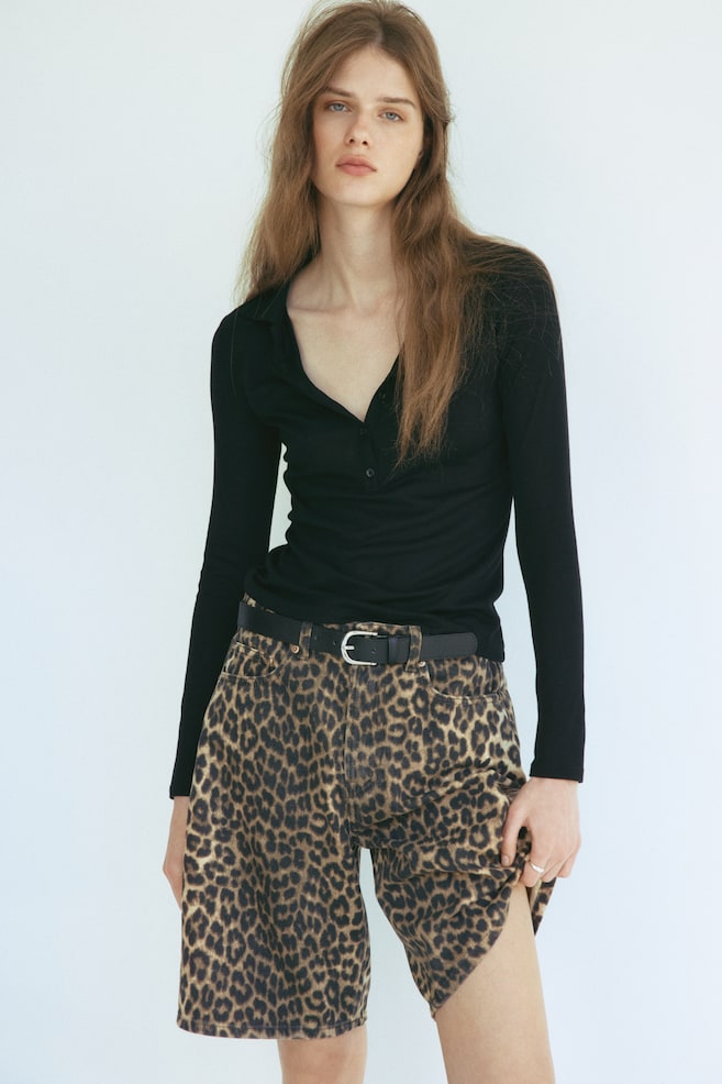 Denim Bermuda Shorts-Beige/leopard print - 5