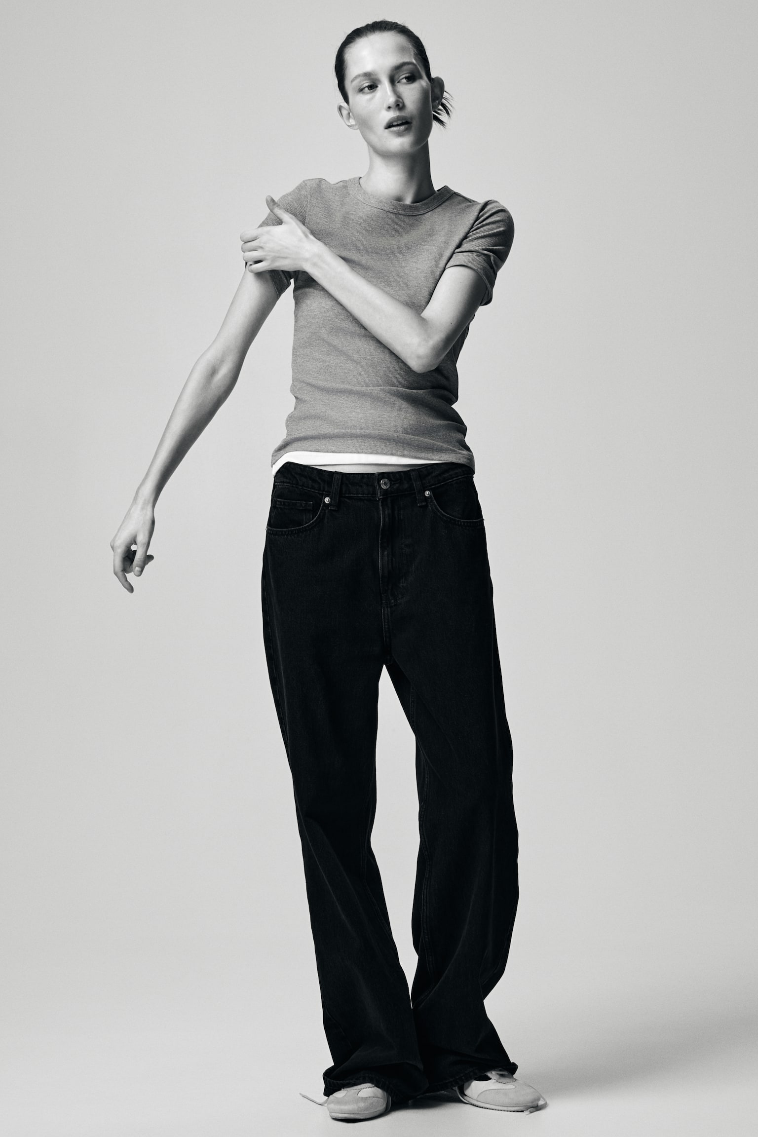 Geribd T-shirt - Grijs gemêleerd/Zwart/Roomwit/Helderrood - 2