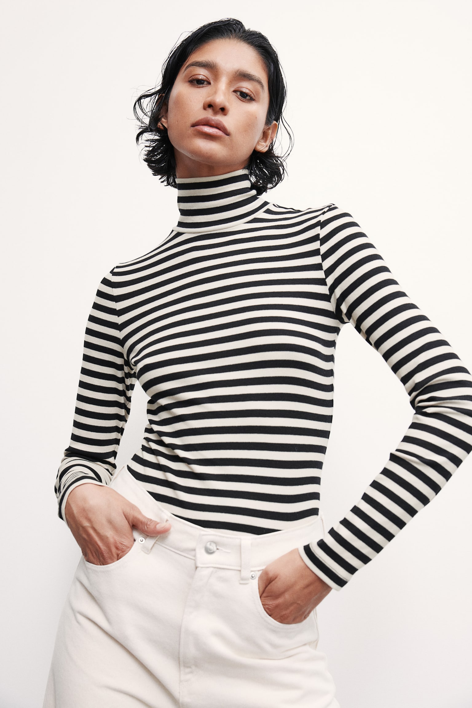 Modal-blend polo-neck top - Black/Striped/Light blue/Dark grey marl - 7