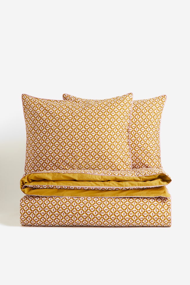 Cotton double/king size duvet cover set - Dark yellow/Patterned - 1