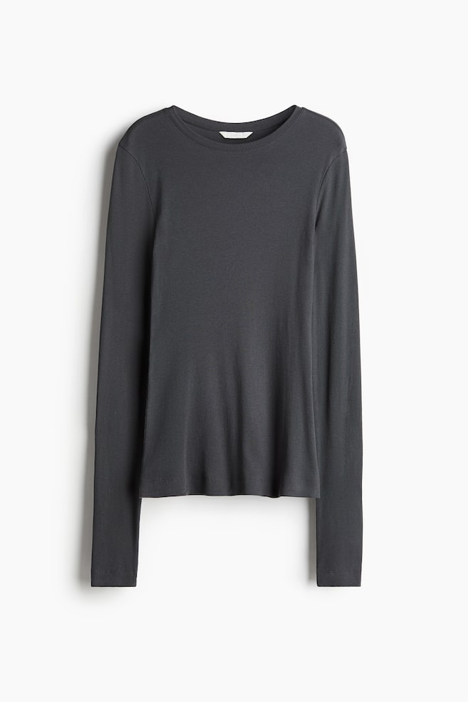 Ribbed cotton top - Dark grey/White - 1