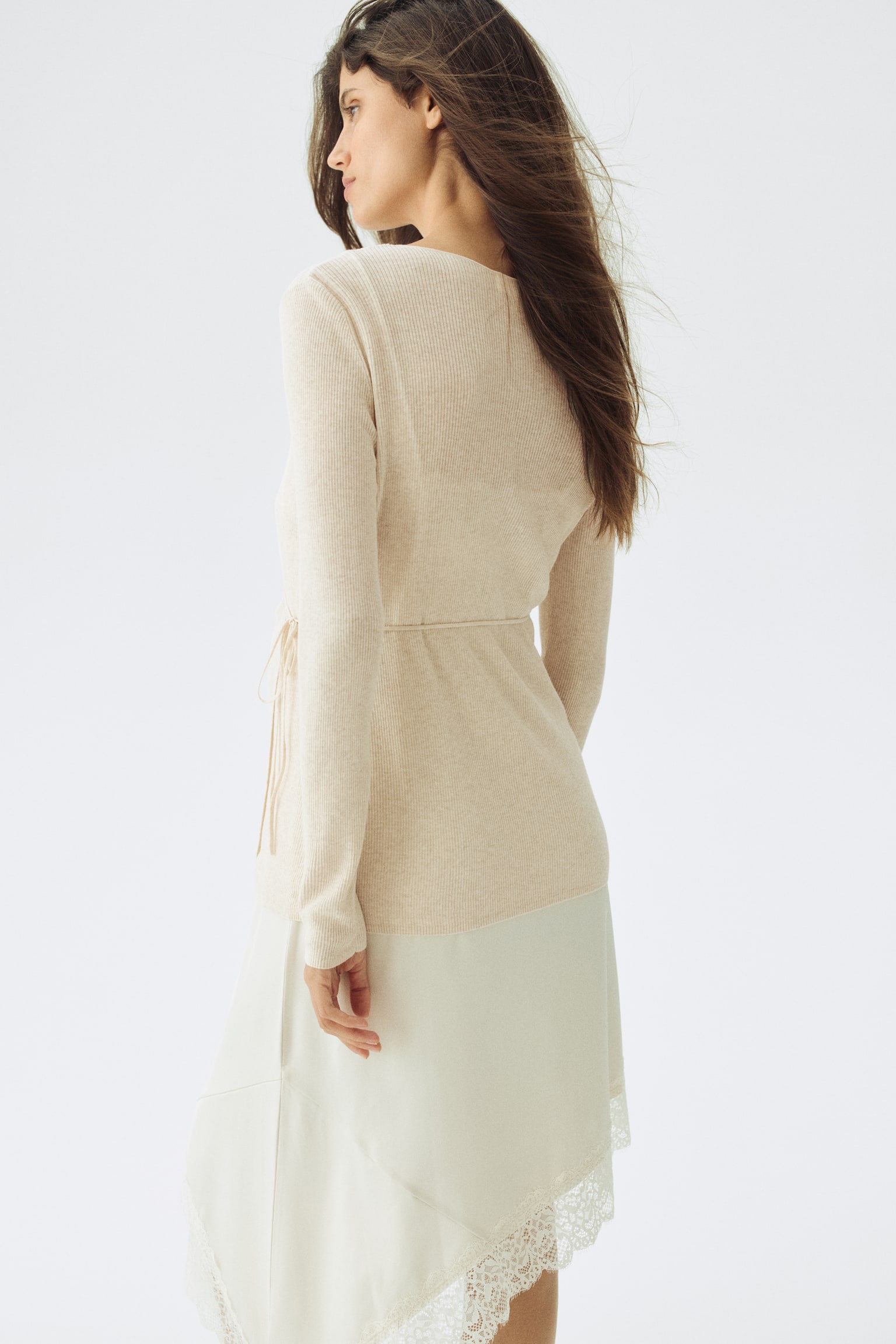 MAMA Rib-knit wrap cardigan - Light beige/Dark brown - 6