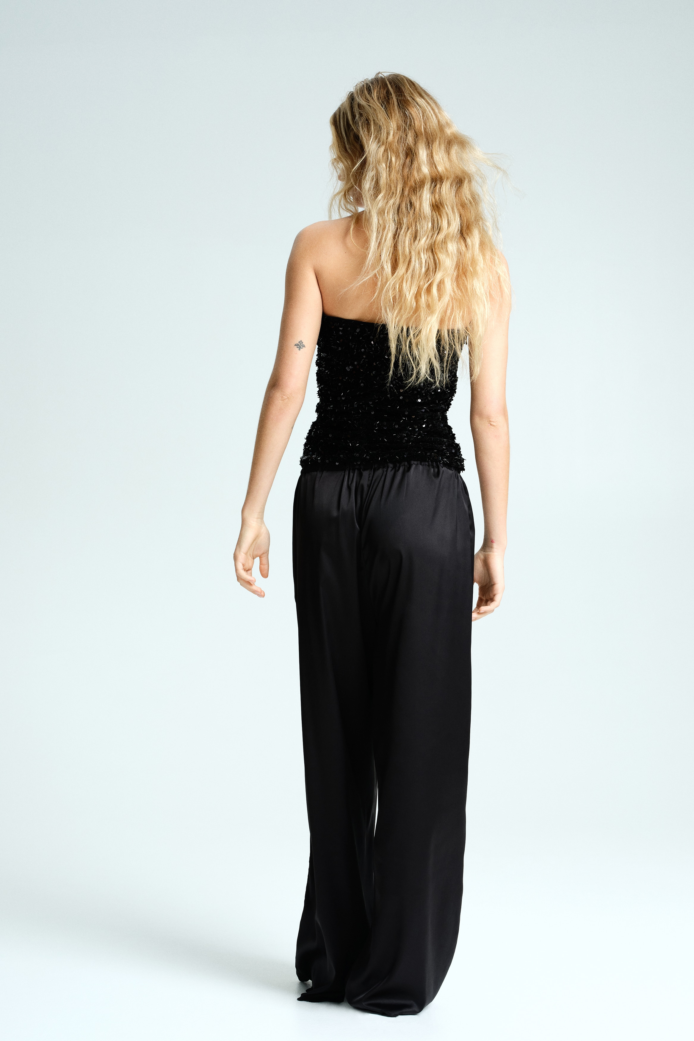 Embroidered satin trousers