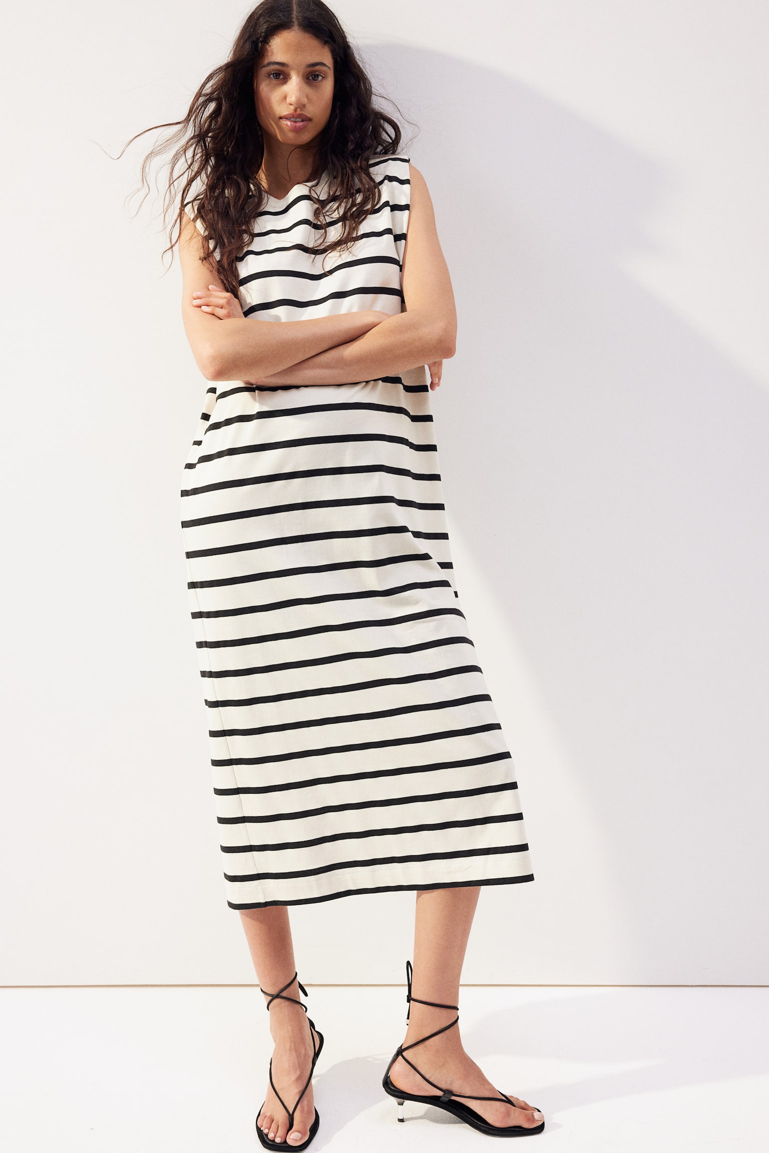 Sleeveless Shoulder Pad Dress - White/Stripe/White/Black - 1