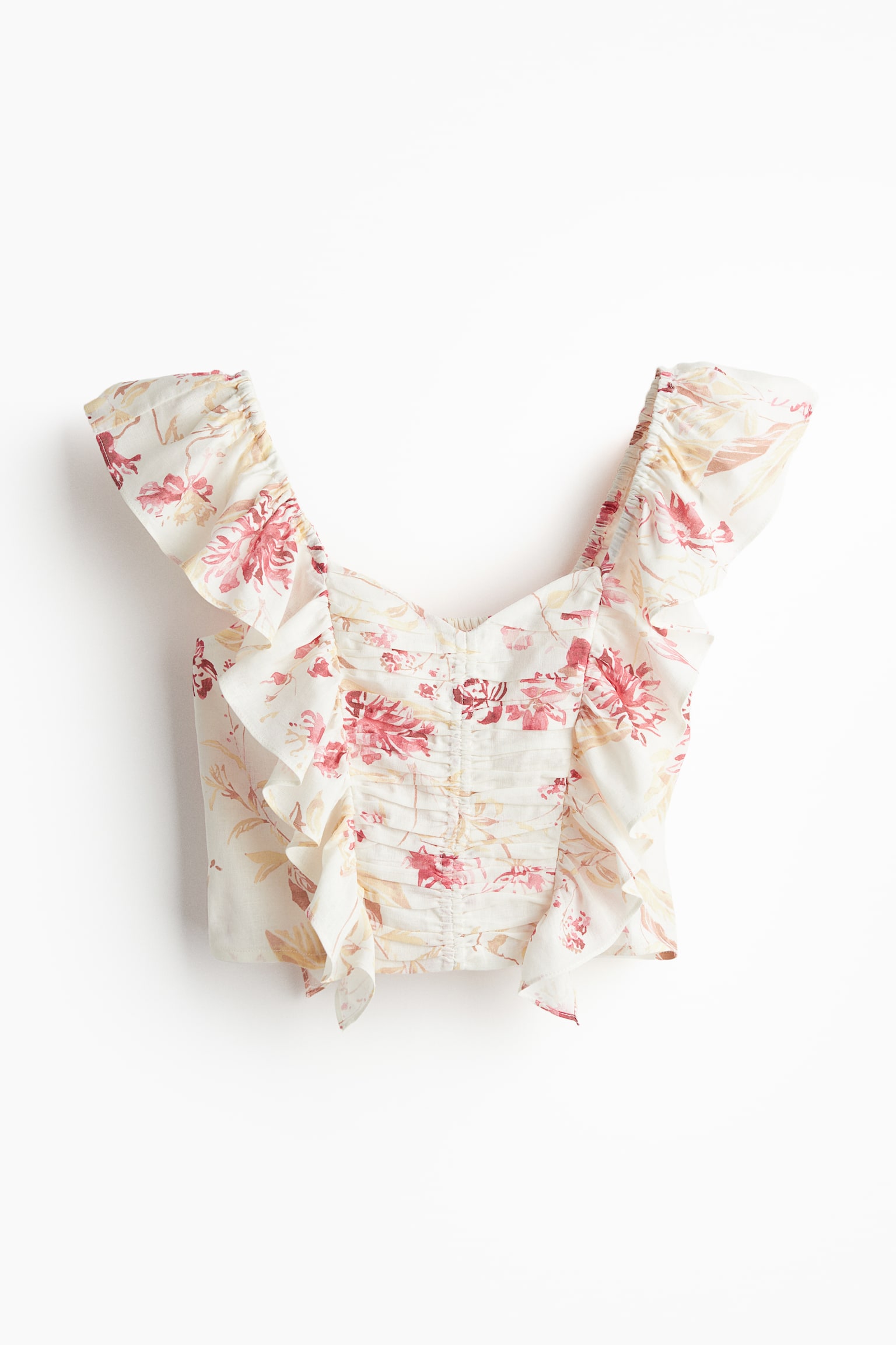 Linen Blend Cropped Blouse - White/Floral/White/Coral red/Floral/Black/Floral - 2