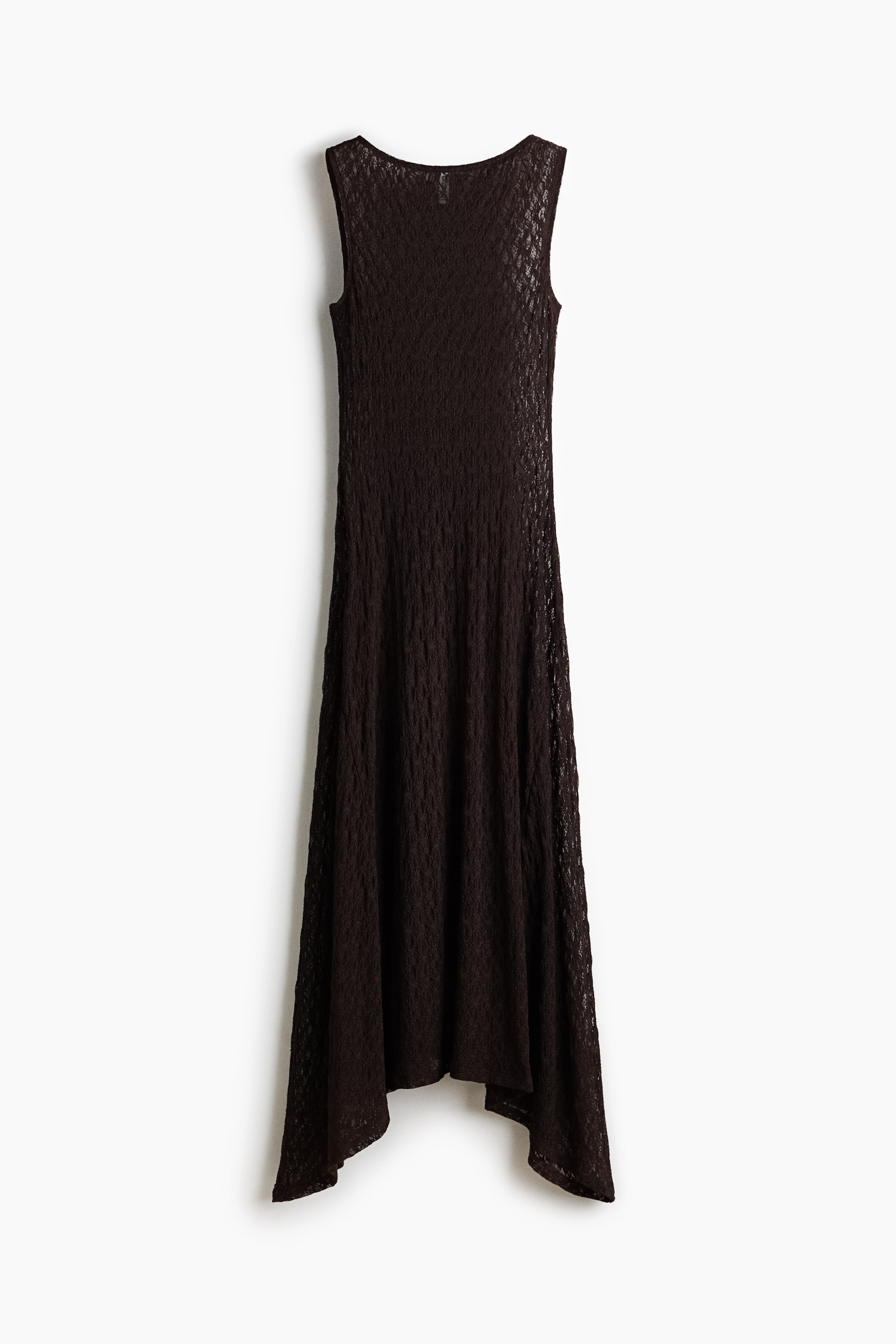 View larger image: A dark brown sleeveless dress, viewed from the back, showcases a textured, openwork knit fabric, featuring a scoop neckline and an asymmetrical, handkerchief hemline.