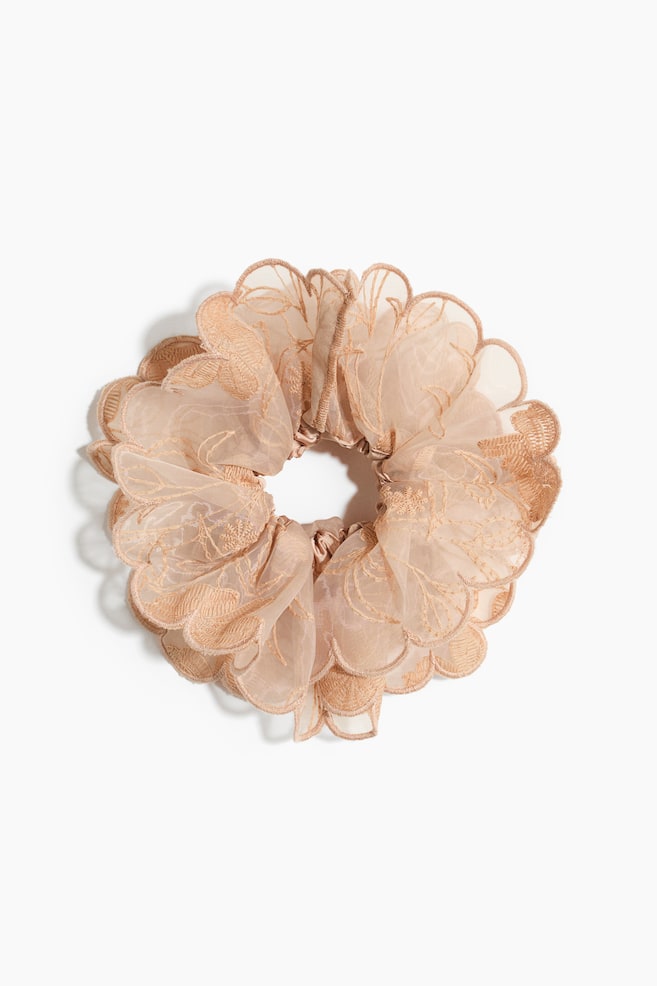 Embroidered Scrunchie - Beige/Cream - 1
