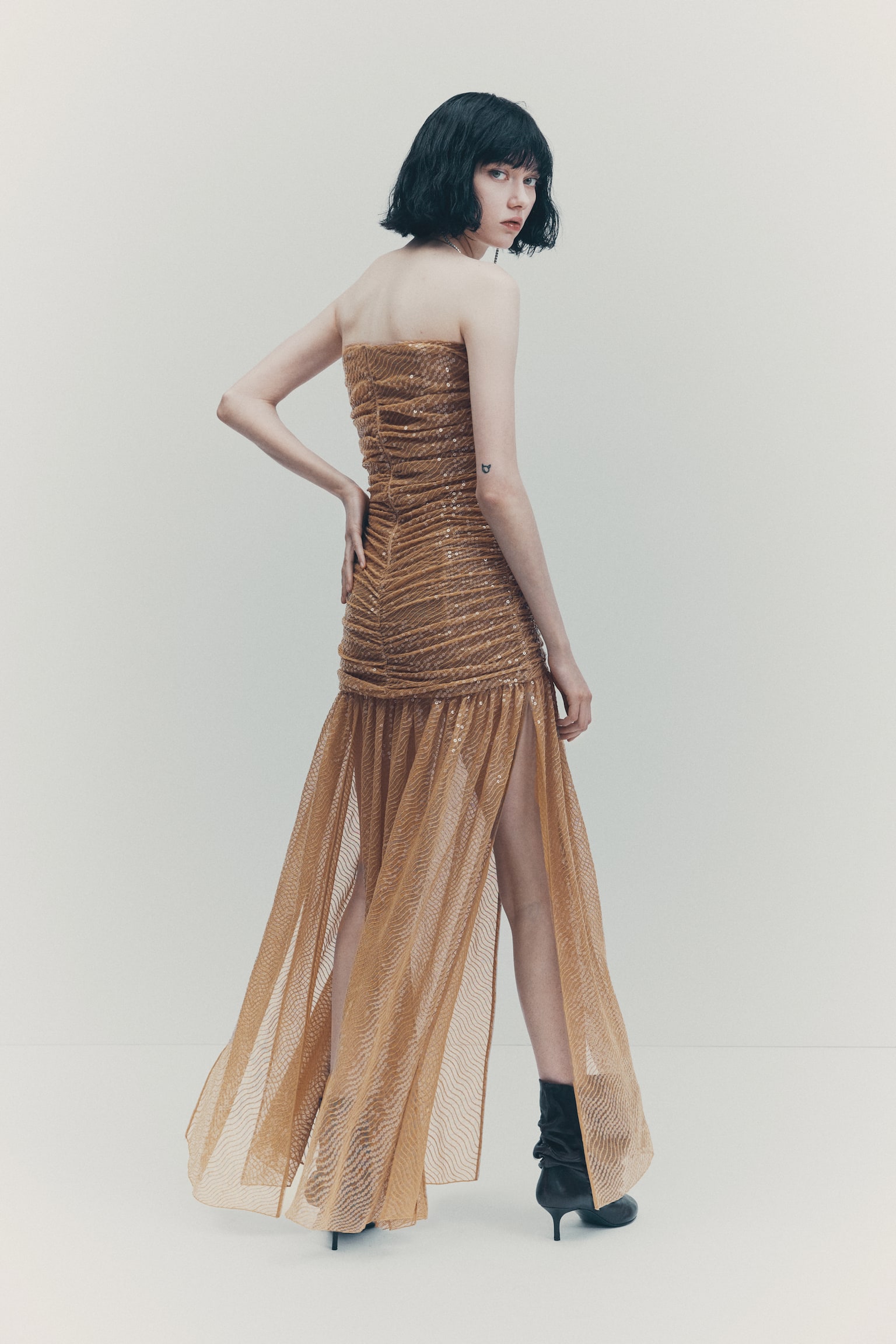 Sequined Evening Gown - Beige - 4