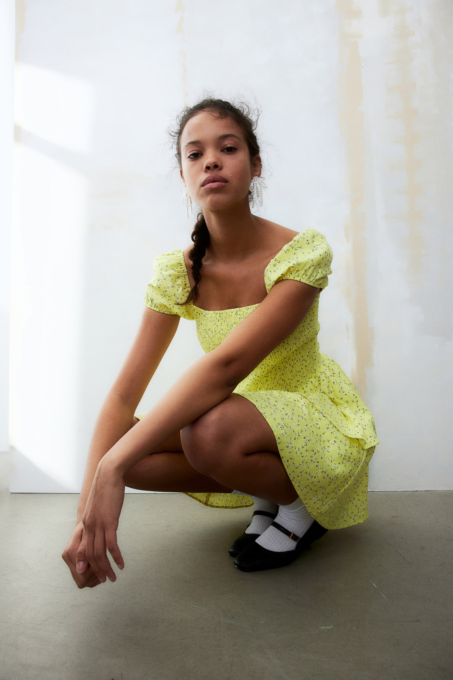 Tiered Skirt Smocked Dress - Yellow/Floral/Light beige/Black/White/Cream/Floral - 7