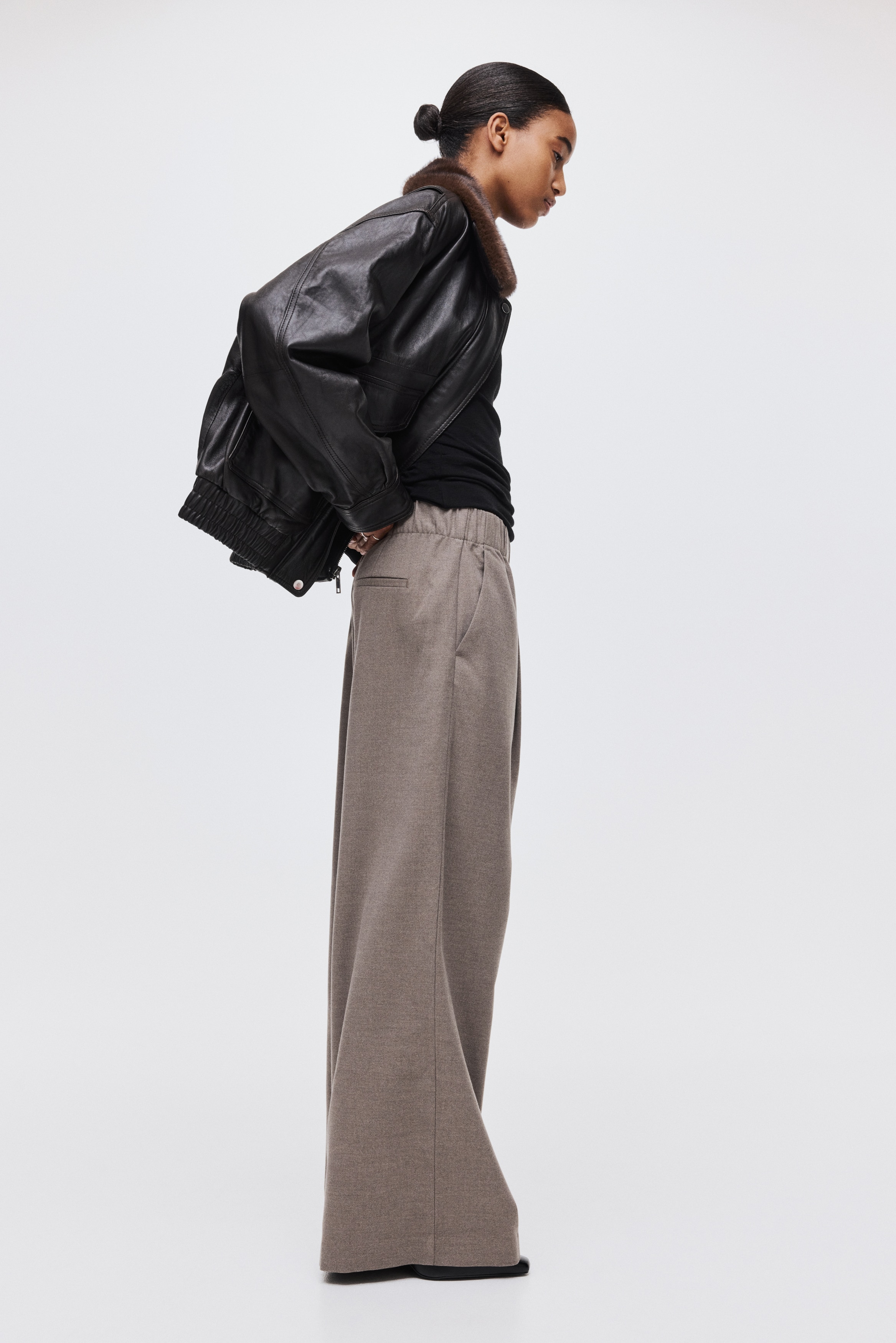Pantaloni pull-on ampi - Beige/Marrone scuro/gessato