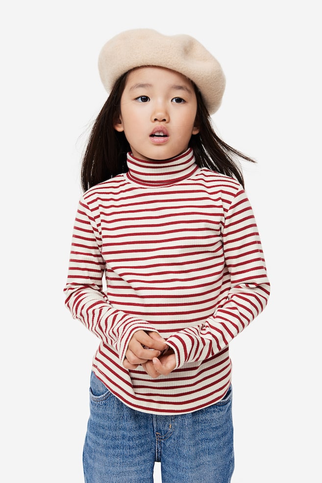 2-pack ribbed jersey polo-neck tops - Dark red/Striped/Purple/Dark red/Mustard yellow/Natural white/Light pink/Purple - 3