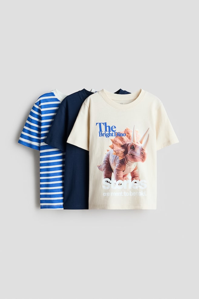 3-Pack Cotton T-Shirts - Cream/The Bright Dino - 1