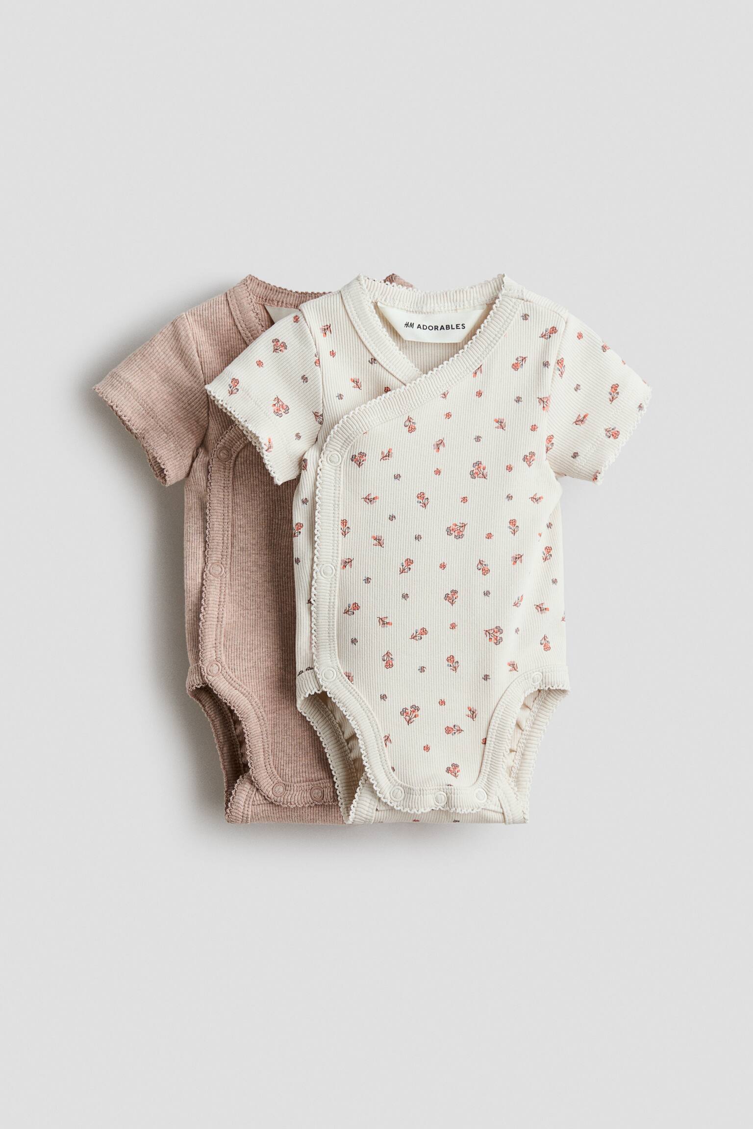 2-pack ribbed wrapover bodysuits - Beige/Floral - 1