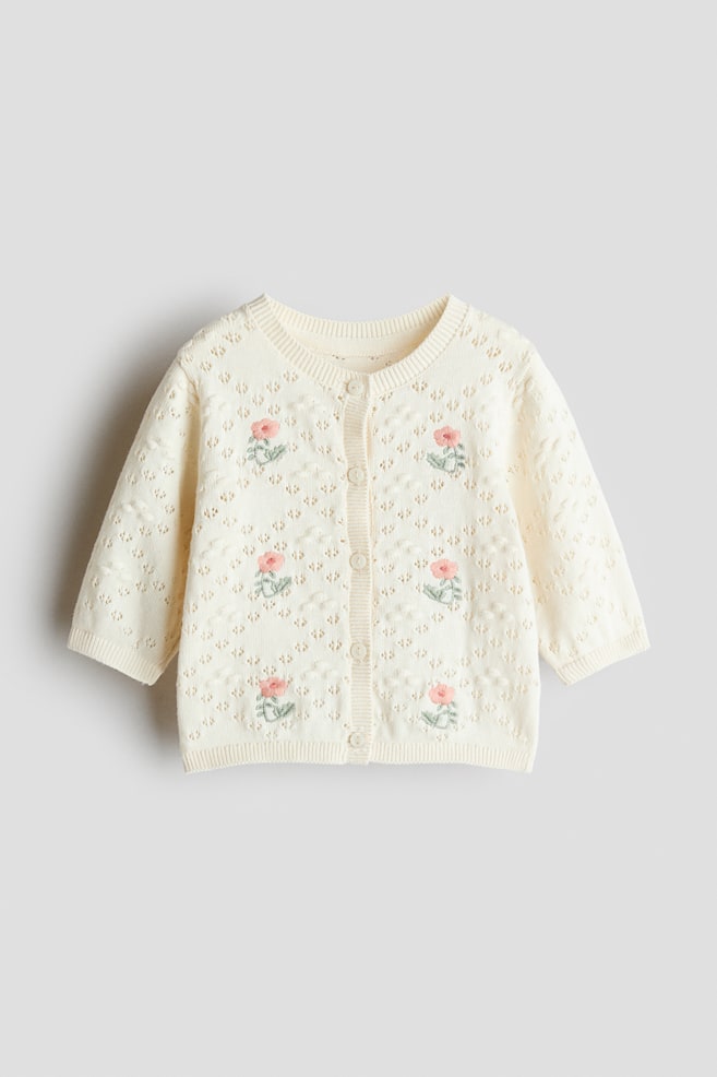 Cardigan in maglia traforata - Crema/fiori - 1