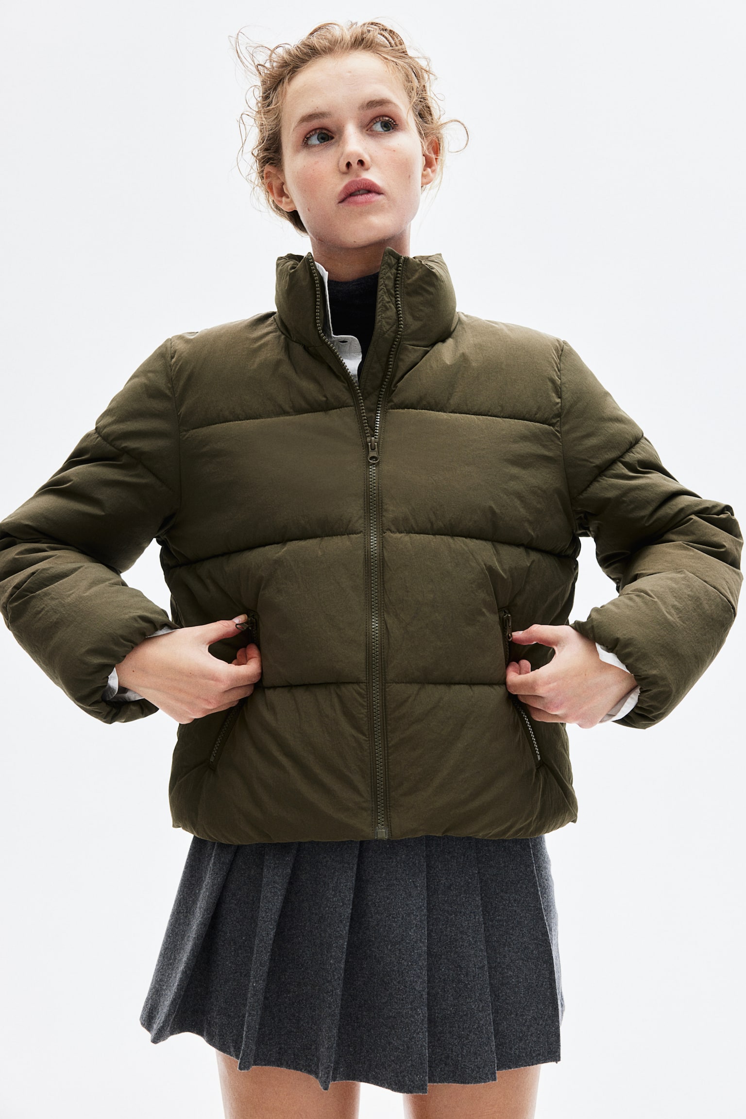 Nylon puffer jacket - Dark khaki green/Black - 1