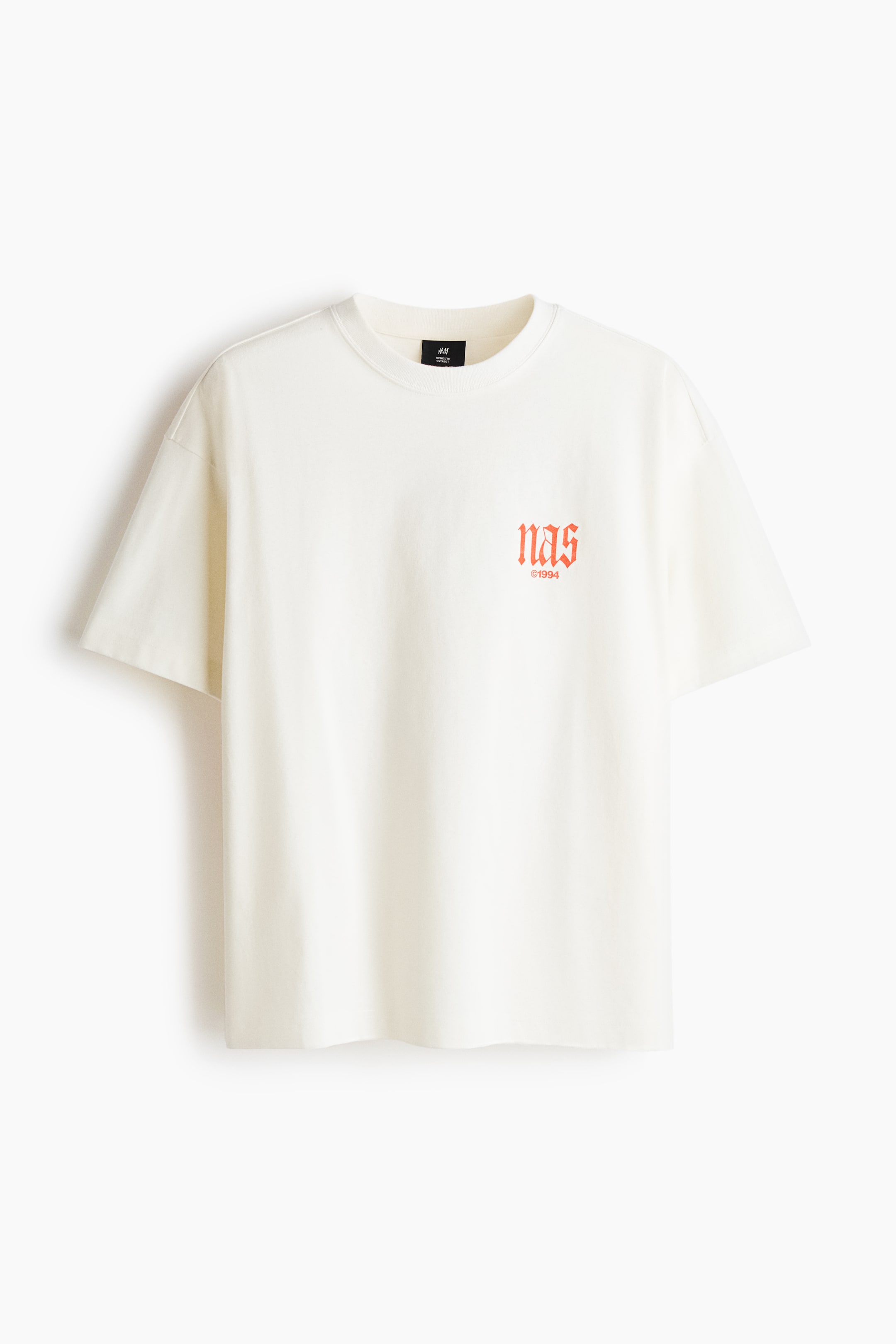 View larger image: An off-white, oversized T-shirt is presenting its front, featuring dropped shoulders and a straight-cut hem. It is displaying a red 'nas' print motif with '�1994' below it on the chest, and a rib-trimmed crew neckline with a visible black brand tag.