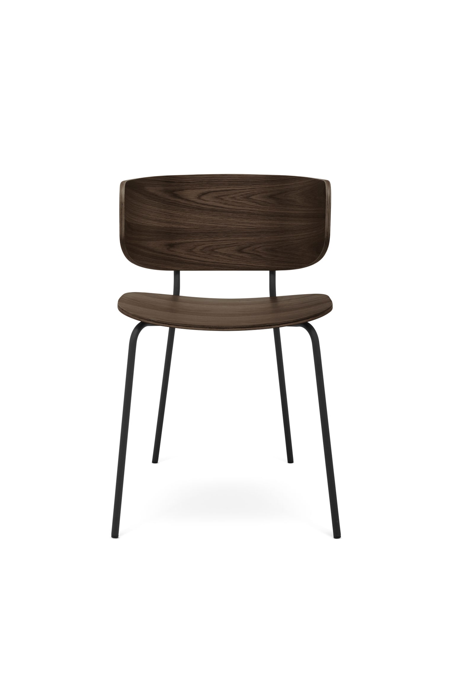 Ein von vorne gezeigter Essstuhl prÃ¤sentiert eine geschwungene RÃ¼ckenlehne und eine konturierte SitzflÃ¤che aus dunkelbraunem Holzfurnier mit sichtbarer Maserung. Die Holzelemente werden von einem schlanken schwarzen Metallgestell mit vier dÃ¼nnen, leicht ausgestellten Beinen getragen.