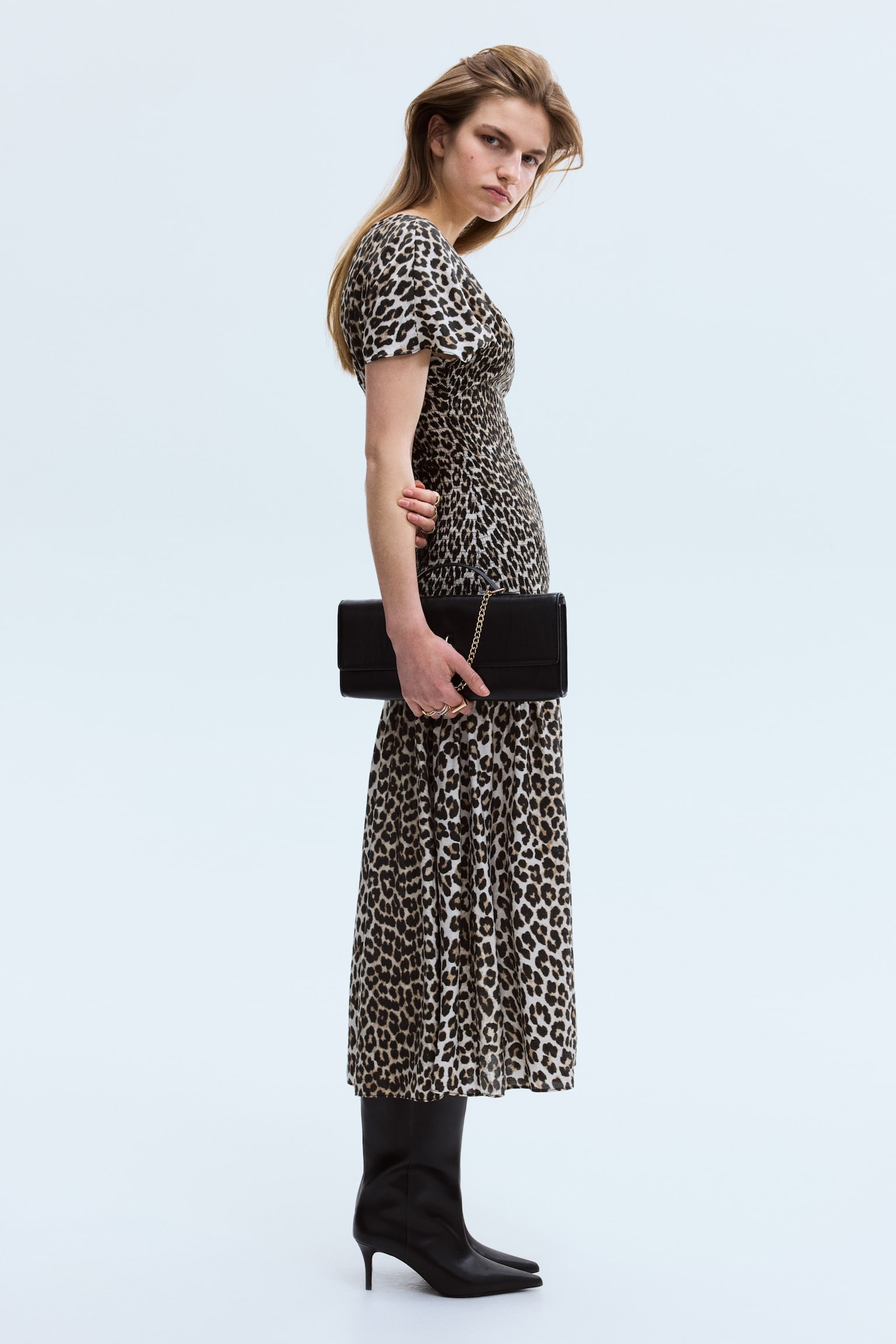 Smocked-detail dress - Light beige/Leopard print/Black - 1