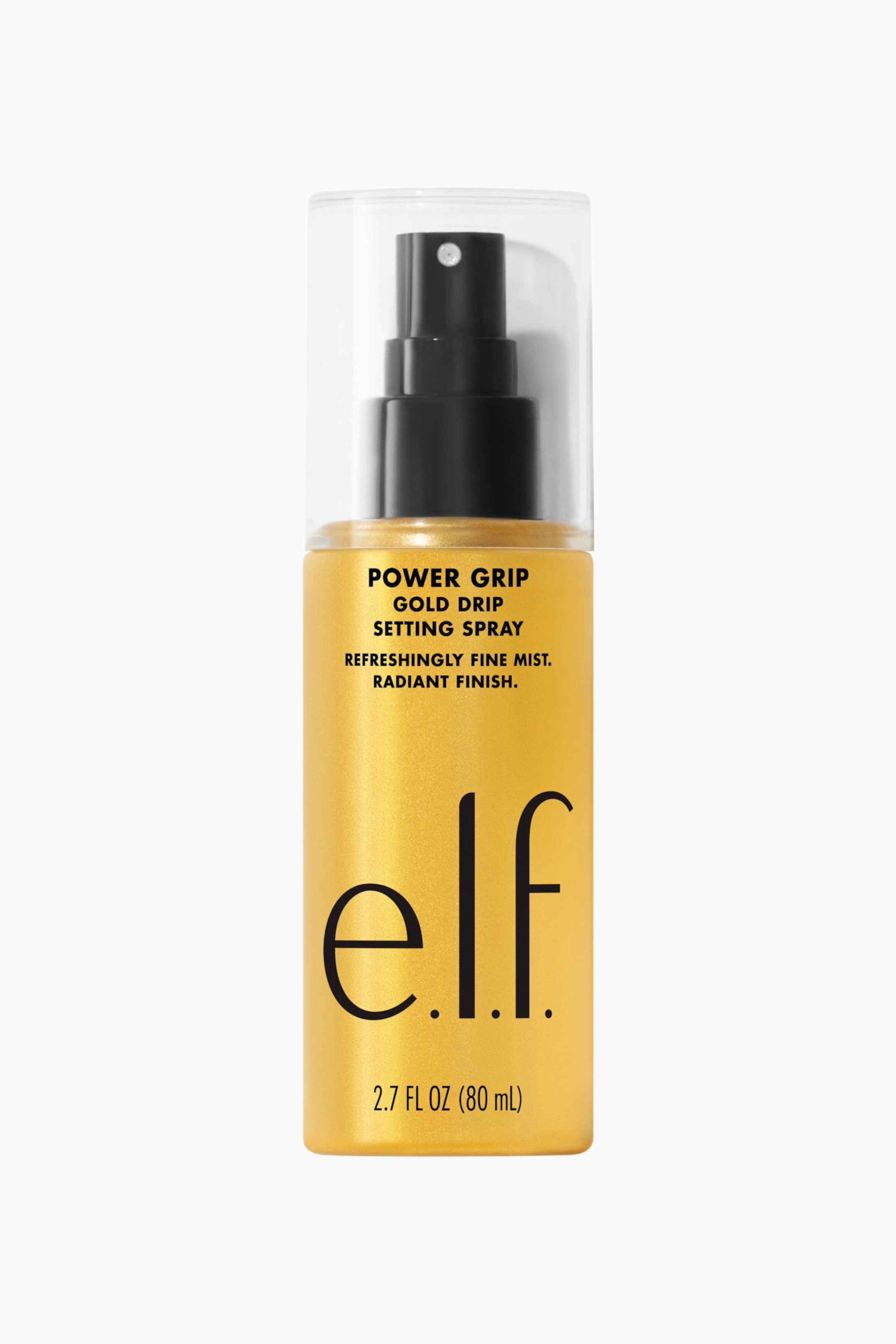 Vis større bilde: e.l.f. Power Grip Gold Drip Setting Spray står oppreist i en frontvendt visning, og fremhever en sylindrisk flaske fylt med en skimrende gyllen væske. Flasken har en svart spraypumpe under en gjennomsiktig, klar kork, med svart merkevaretekst og en stor «e.l.f.»-logo trykt på forsiden.