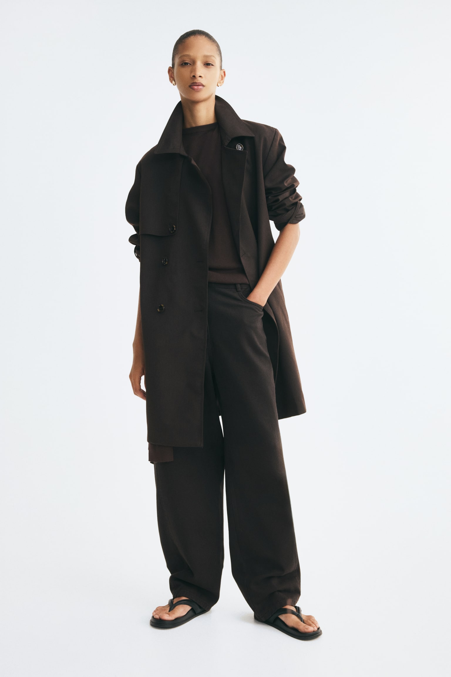 Knee-length twill trench coat - Dark brown/Black - 1