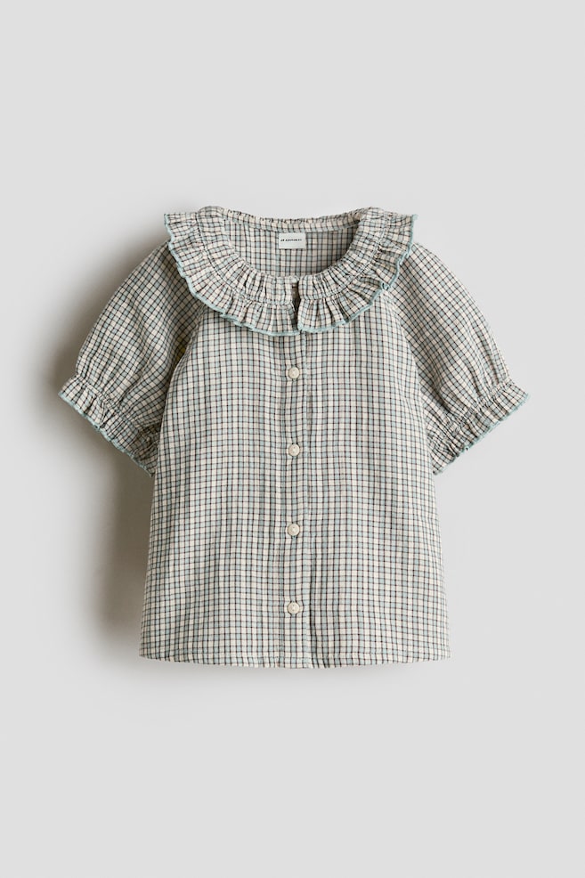 Ruffle-Collar Cotton Blouse - Light beige/checked - 1