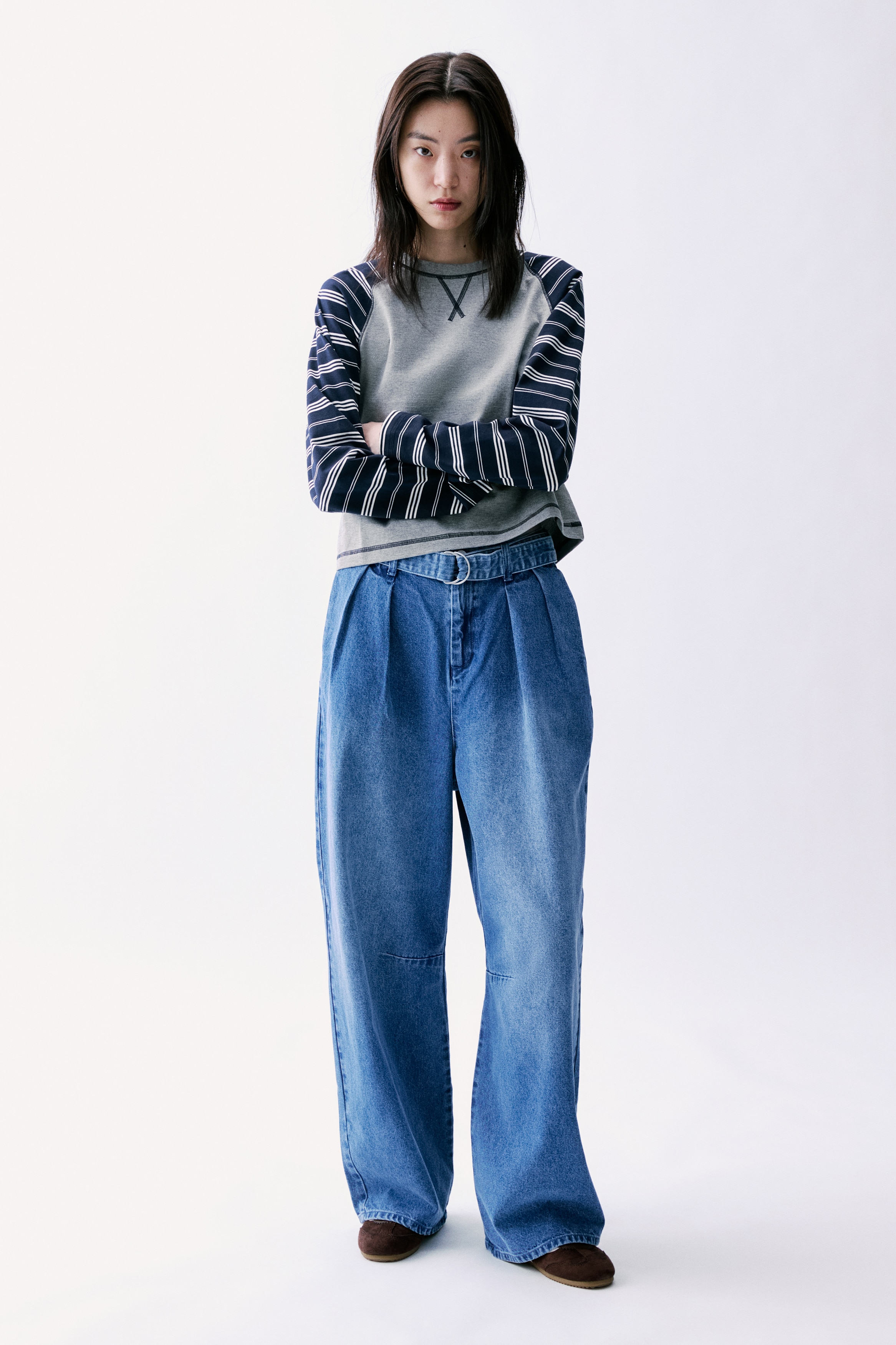 Long-Sleeved Cotton Top - Gray melange/navy blue/Navy blue/gray melange