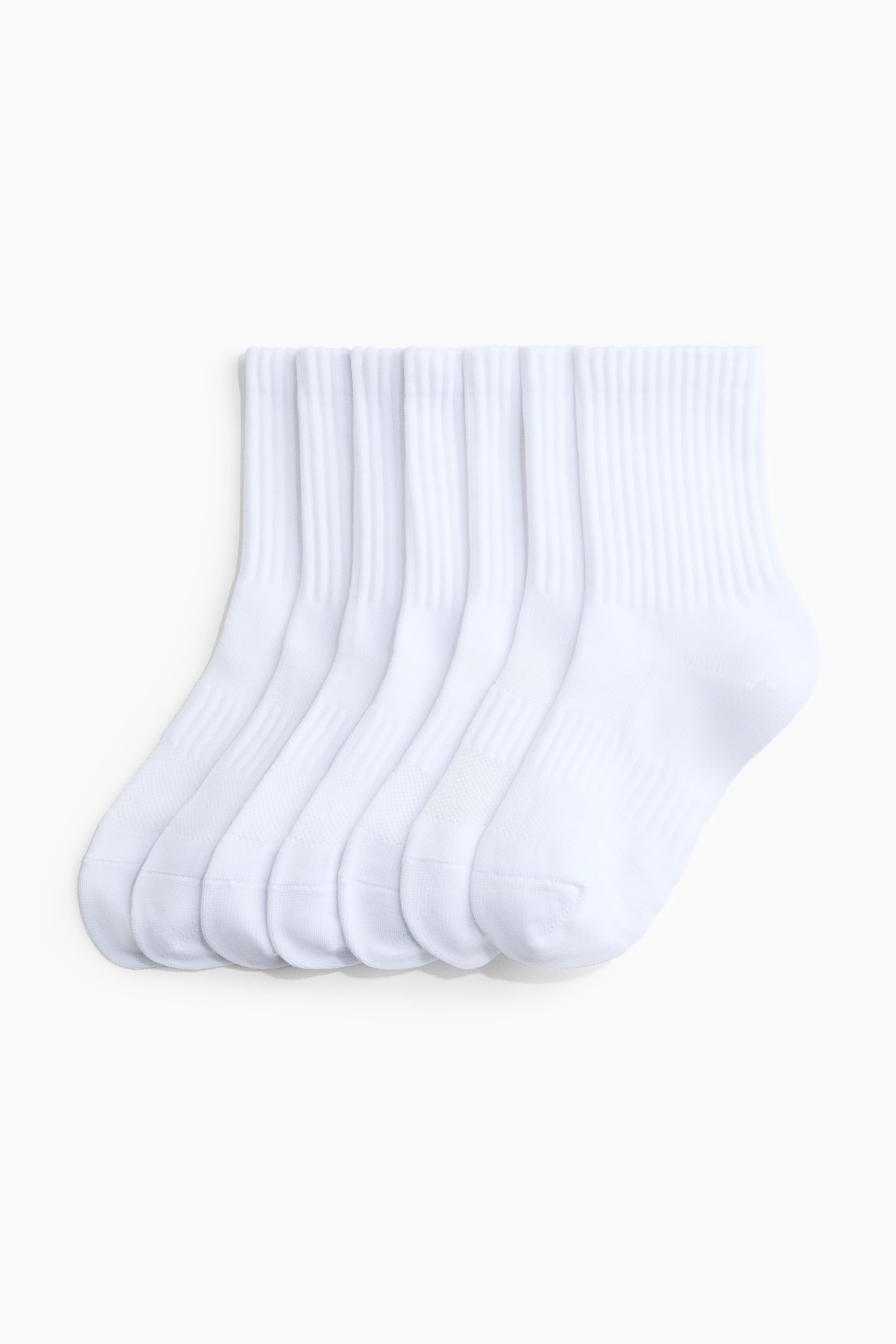 View larger image: Several white quarter socks are arranged in a fan-like manner, overlapping to showcase their design. Each sock boasts a ribbed cuff and shaft, with the foot area featuring a smoother knit and discreetly textured ventilation panels on the sides.