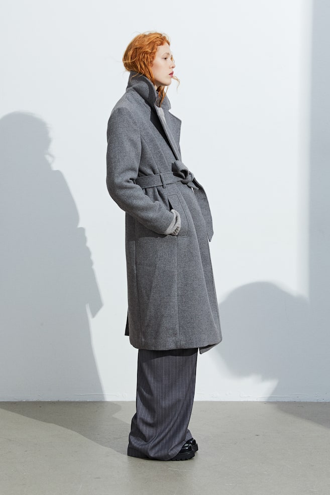 Tie-belt coat - Grey/Black/Light beige/Light brown - 1