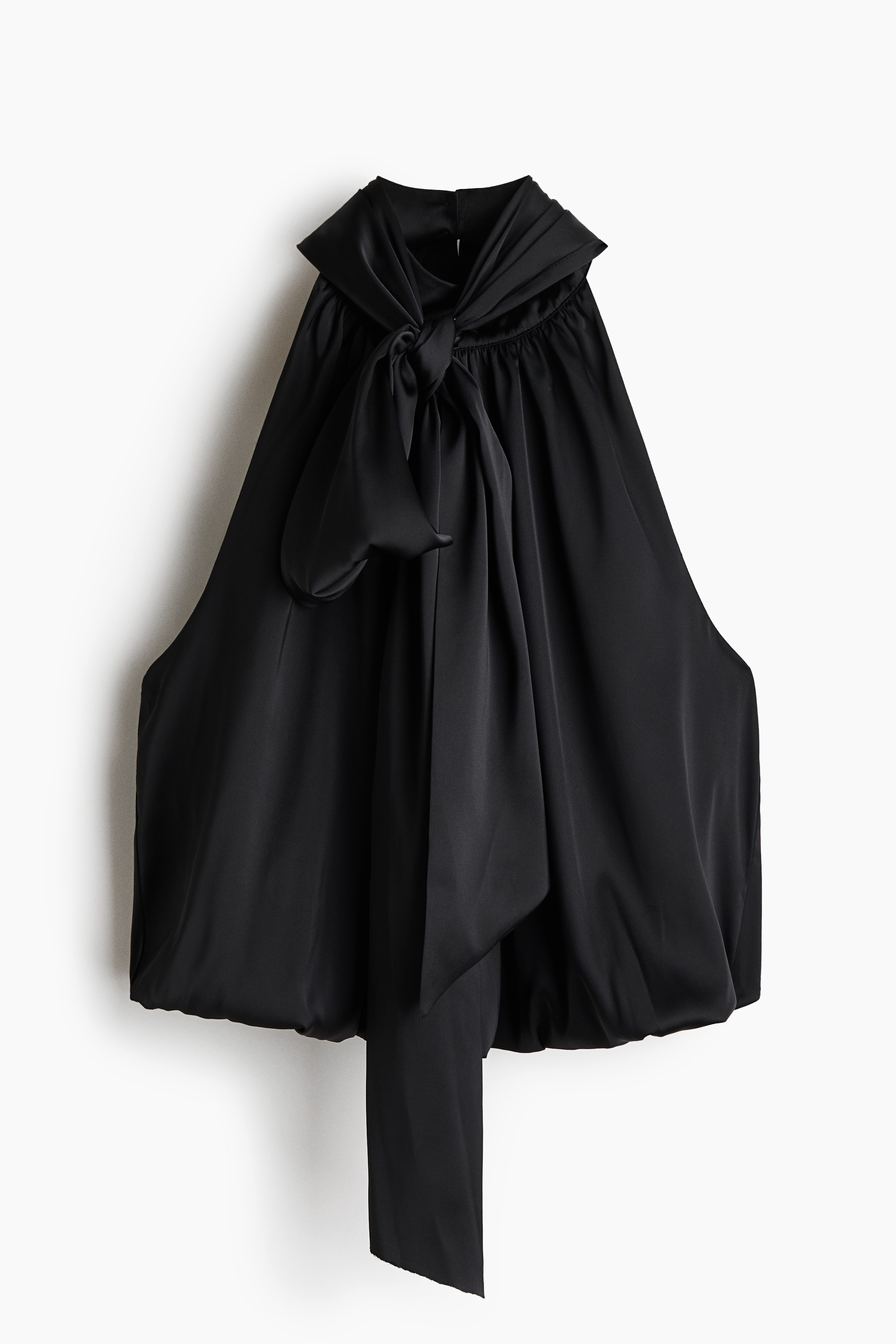 Scarf-Collar Satin Top - Black