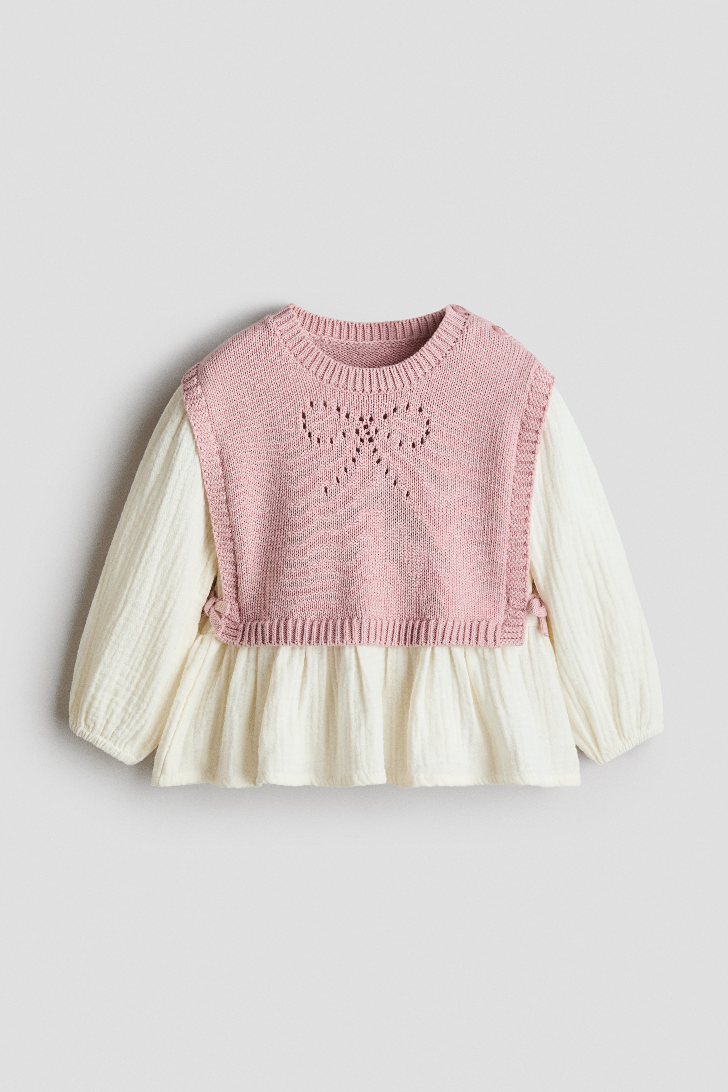 Bib-Detail Cotton Blouse - Light pink/cream