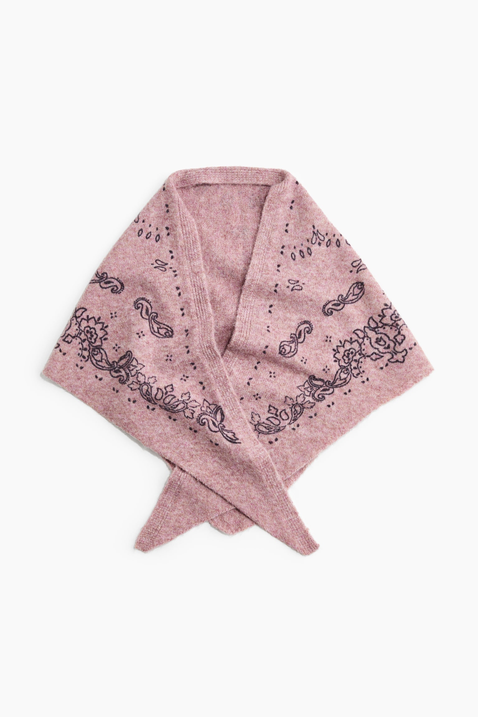 A heathered pink knit scarf is lying flat in a triangular shape from the front, with its tapered ends crossing at the bottom. The scarf features a dark purple paisley and floral border pattern and a ribbed neckline trim.
