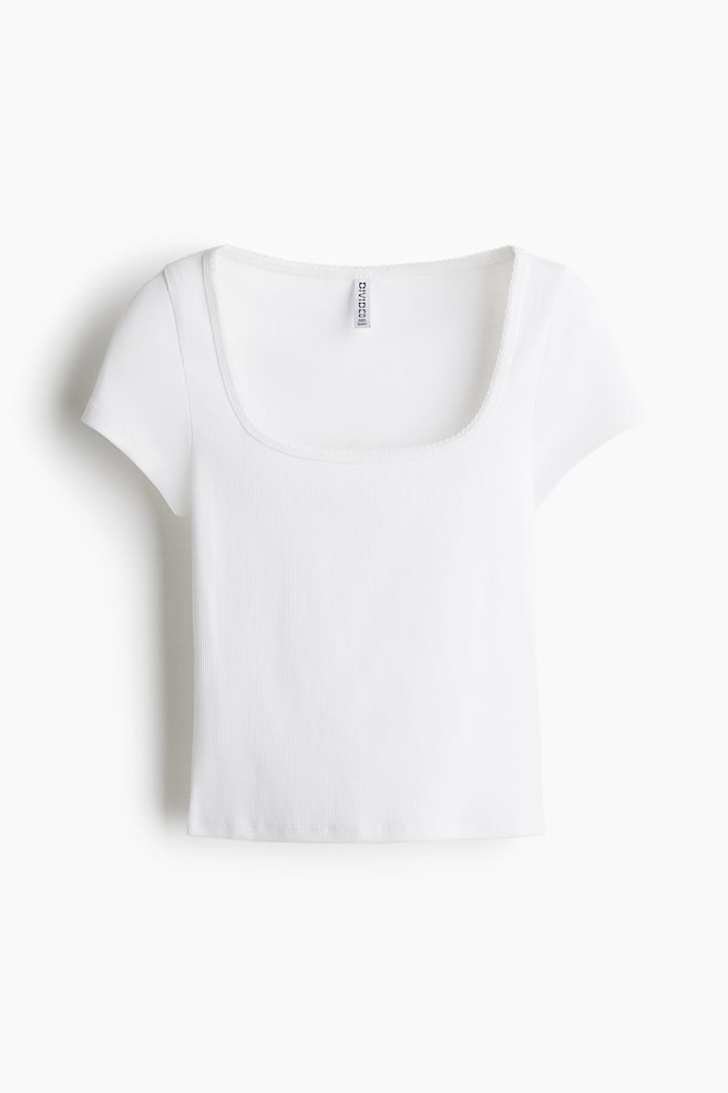 Picot-Trimmed Ribbed T-Shirt - White - 1