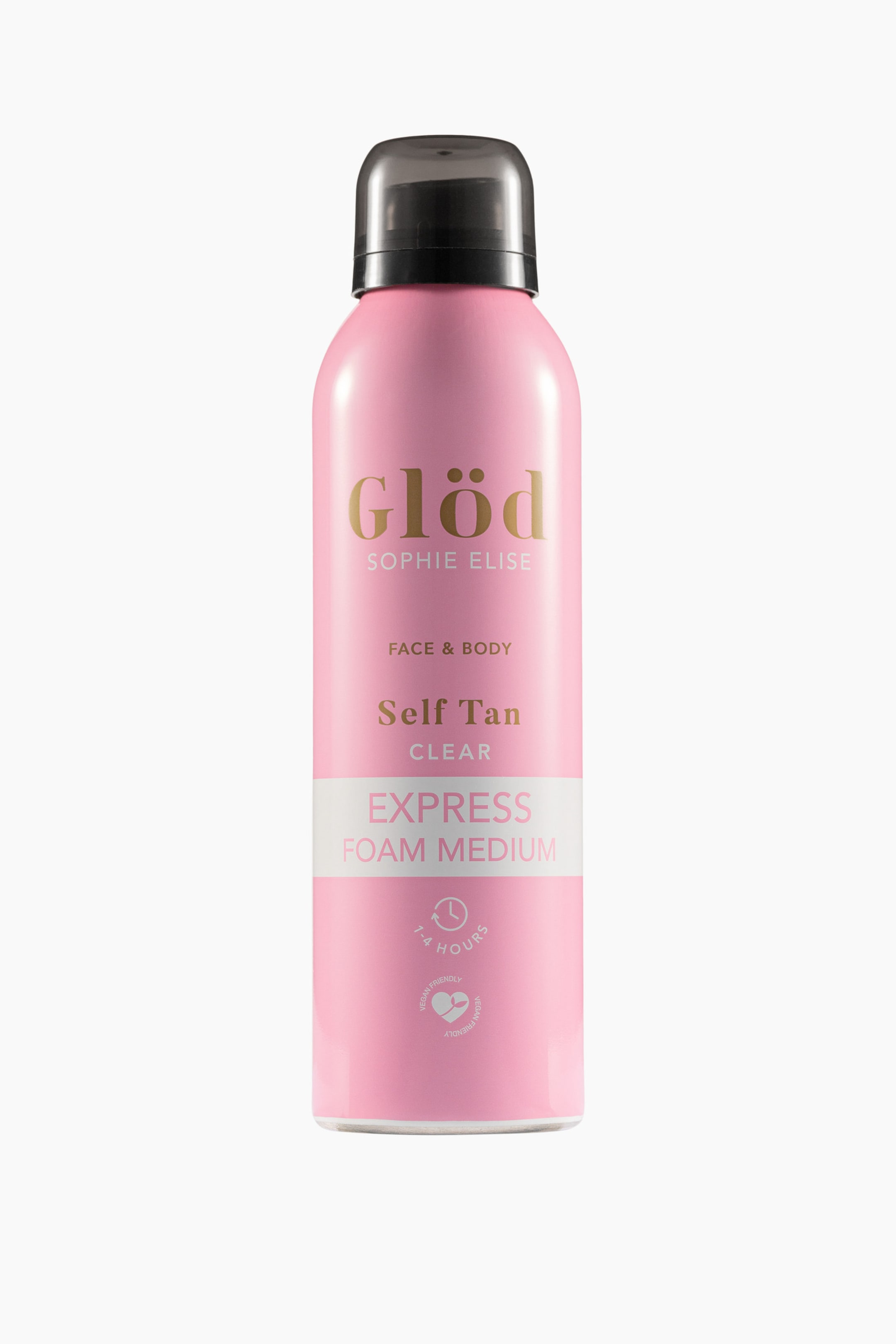 Visa större bild: En cylindrisk rosa flaska med Gl�d Sophie Elise Self Tan Express Foam Clear Medium står upprätt och vänd framåt, toppad med en halvtransparent mörkgrå kork. Framsidan av flaskan visar varumärket "Gl�d" i guldfärgad text, ett centralt vitt band med "Express Foam Medium" i rosa text samt små ikoner nära basen.