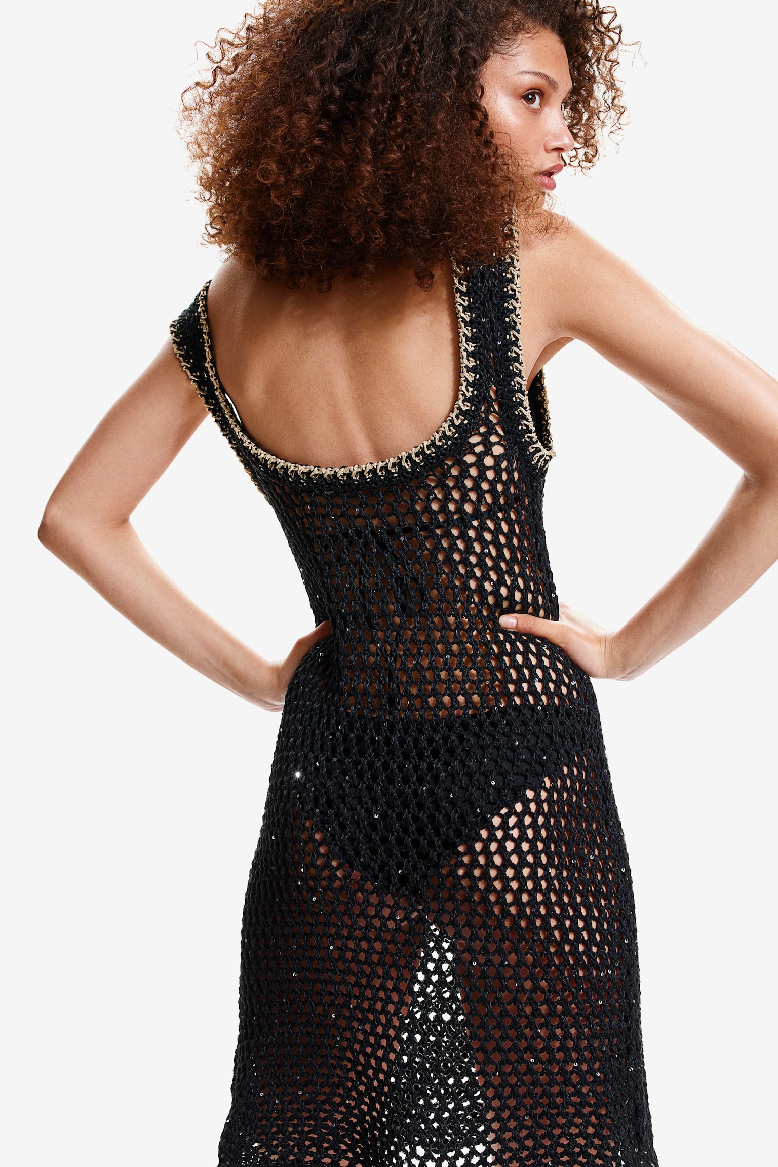 Sequin Crochet Look Mini Dress - Black - 6