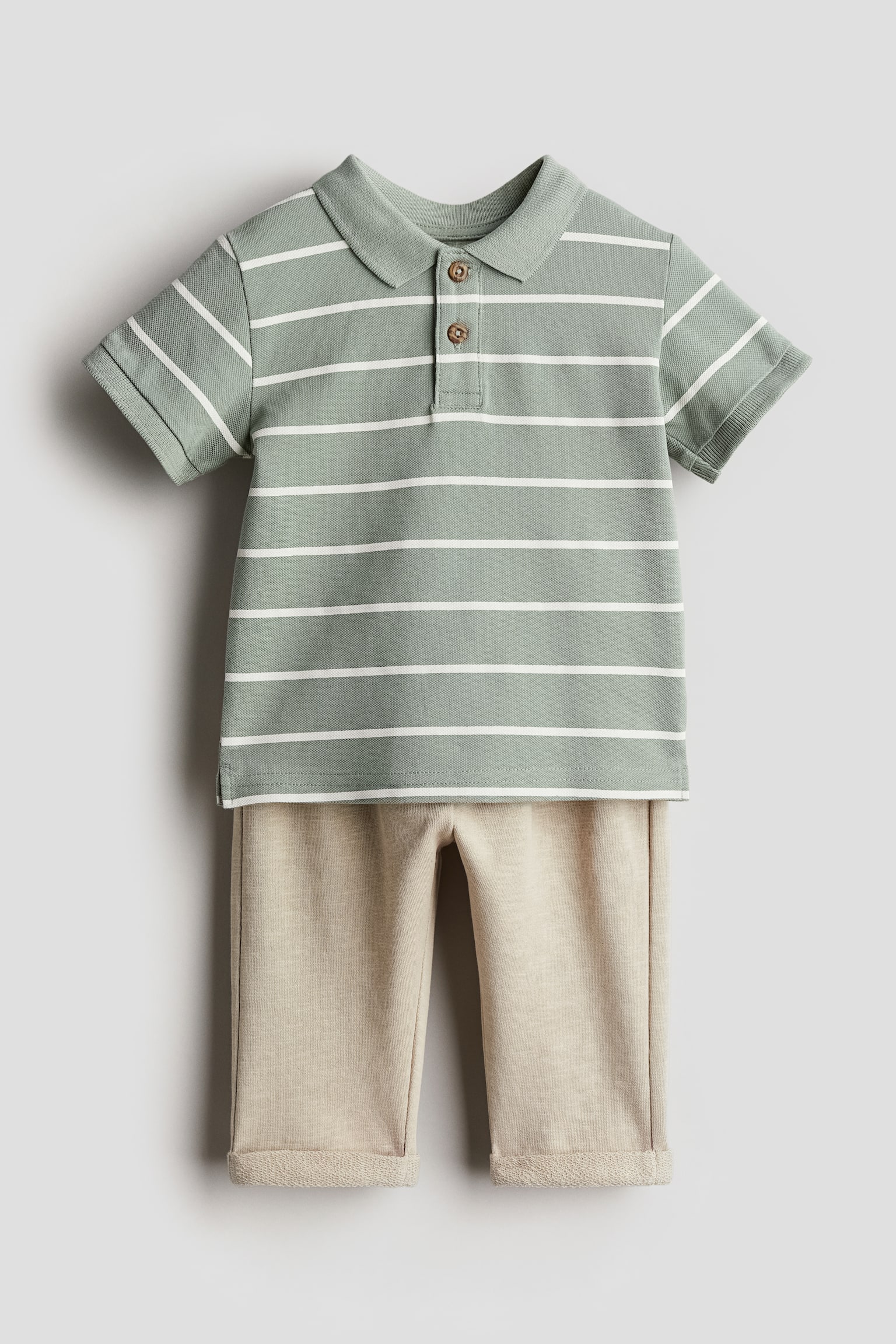 2-piece polo shirt and trousers set - Dusty green/Beige/White/Dark grey - 1