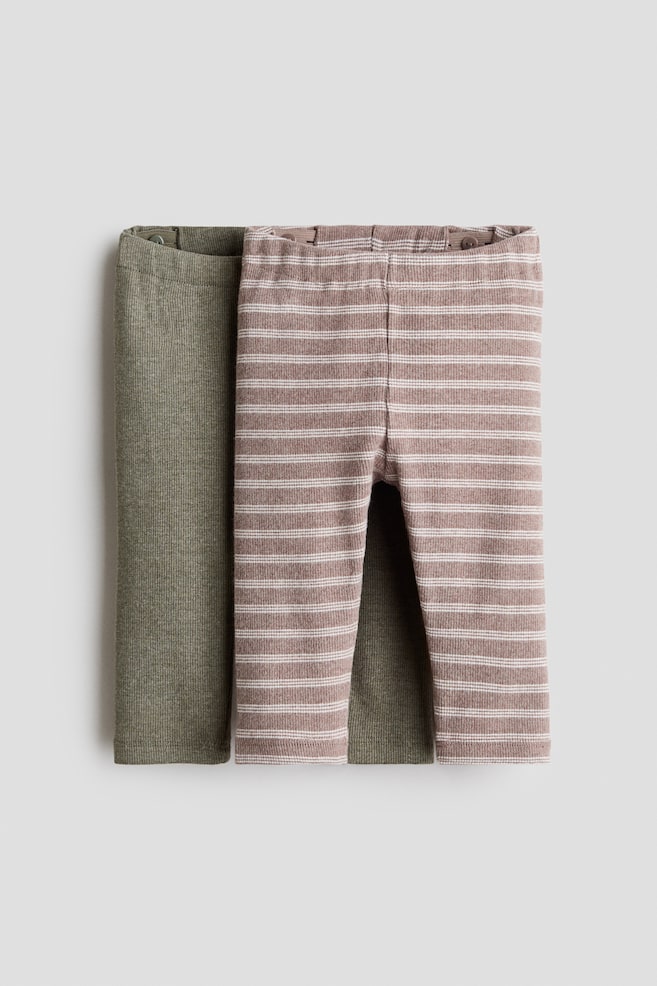 2-pack Ribbed Cotton Leggings - Khaki green/white striped/Dark blue/turquoise/Light dusty blue/beige/Light green/beige/Light gray/beige striped/Navy blue/boats - 1