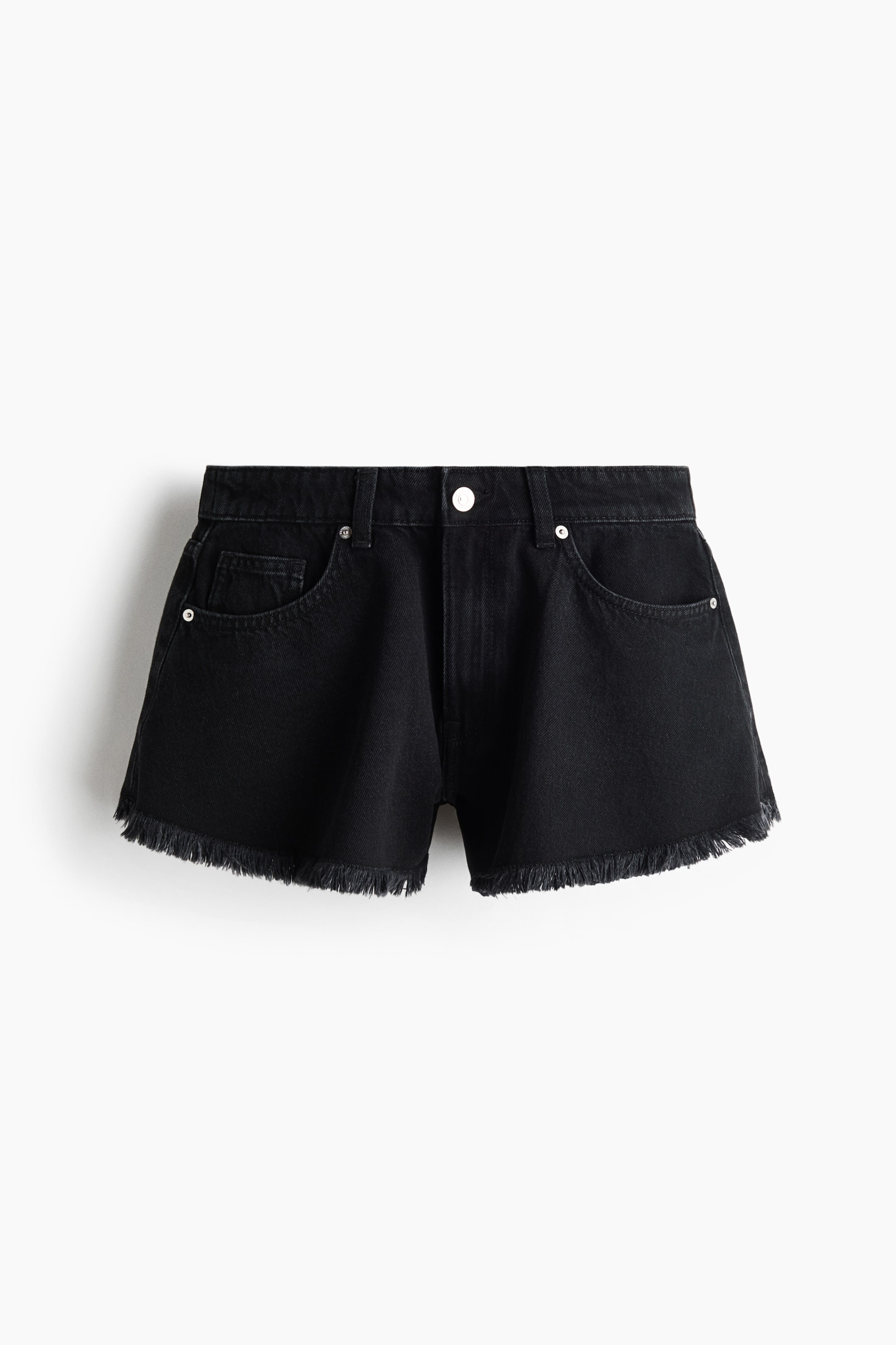 Ver imagen más grande: Pantalones cortos de mezclilla de algodón rígido negro presentan un diseño frontal, con cintura alta y cierre de botón y cremallera. Están diseñados con un estilo de 5 bolsillos, ajuste holgado y bordes deshilachados en los dobladillos.