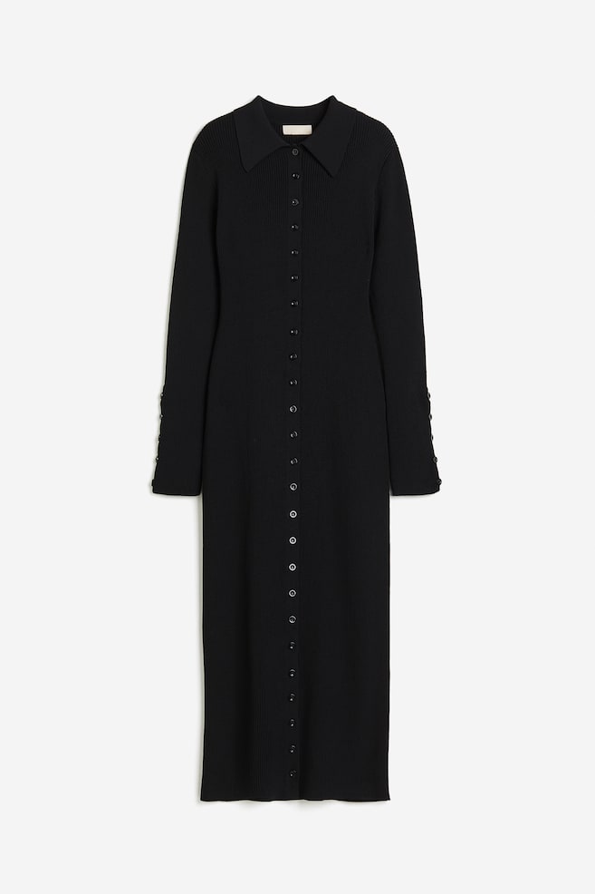 Rib-knit button-front dress - Black - 2