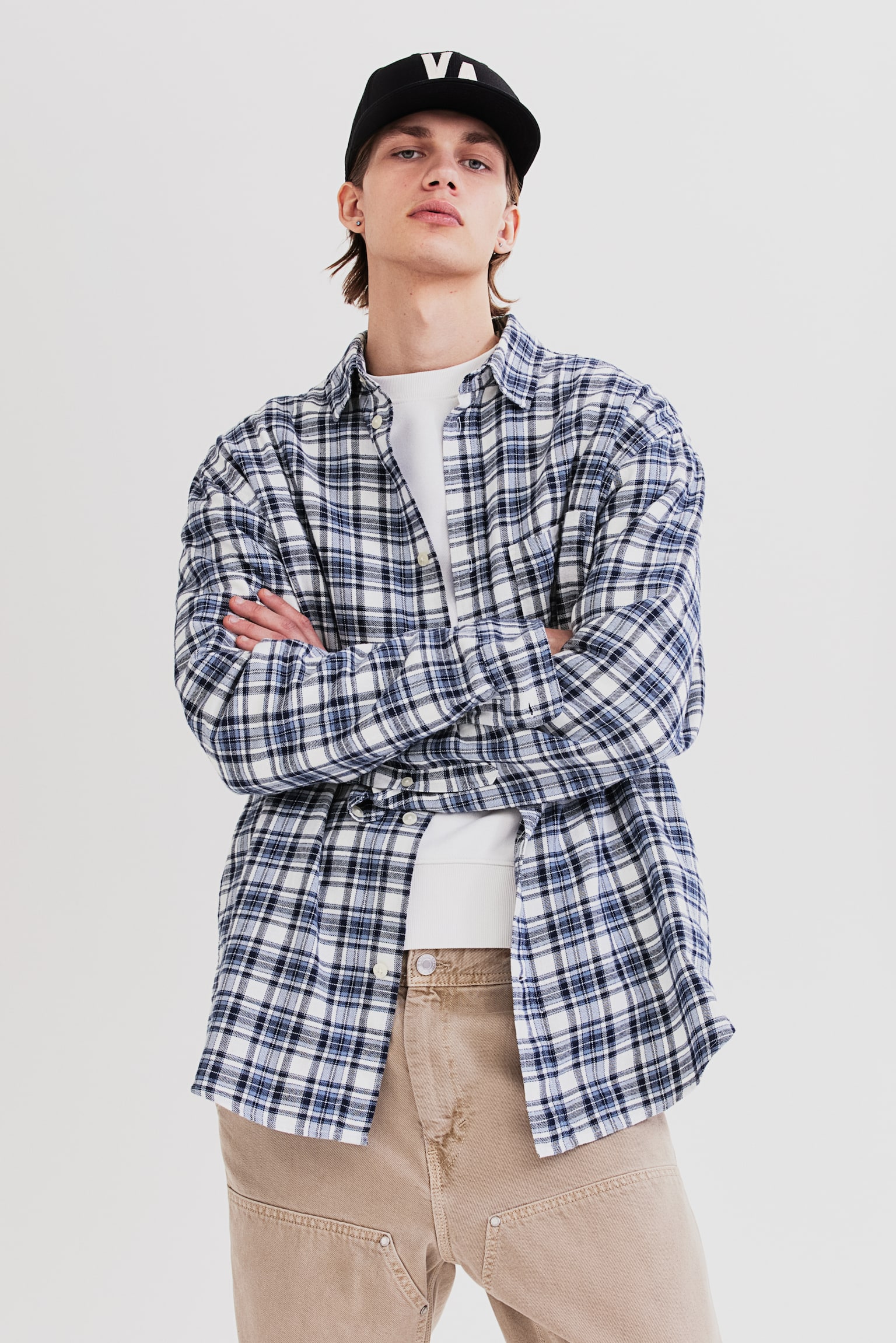 Loose Fit Flannel Shirt - Blue/Check/Black/Brown check - 1