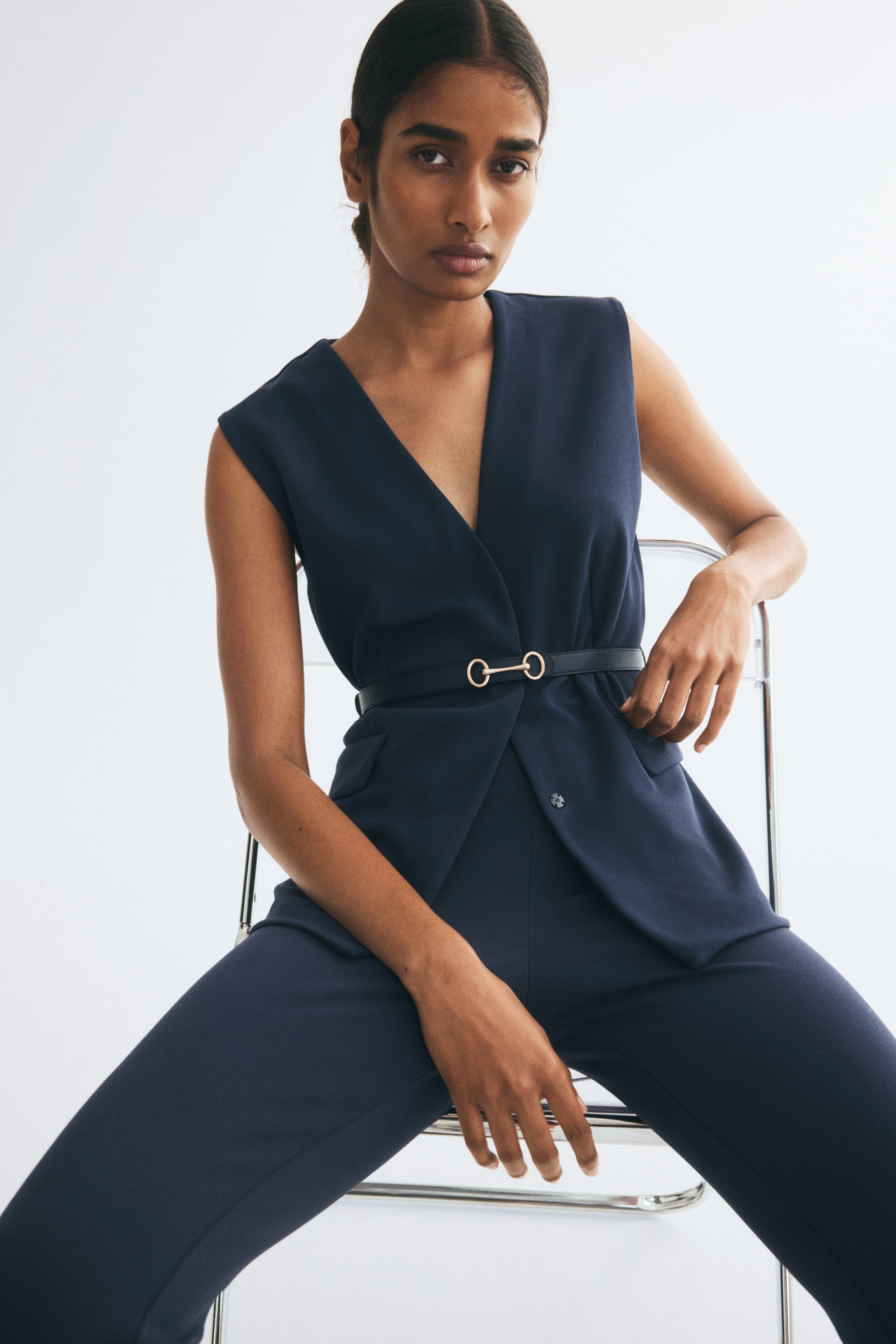 Belted jersey waistcoat - Dark blue/Dark brown