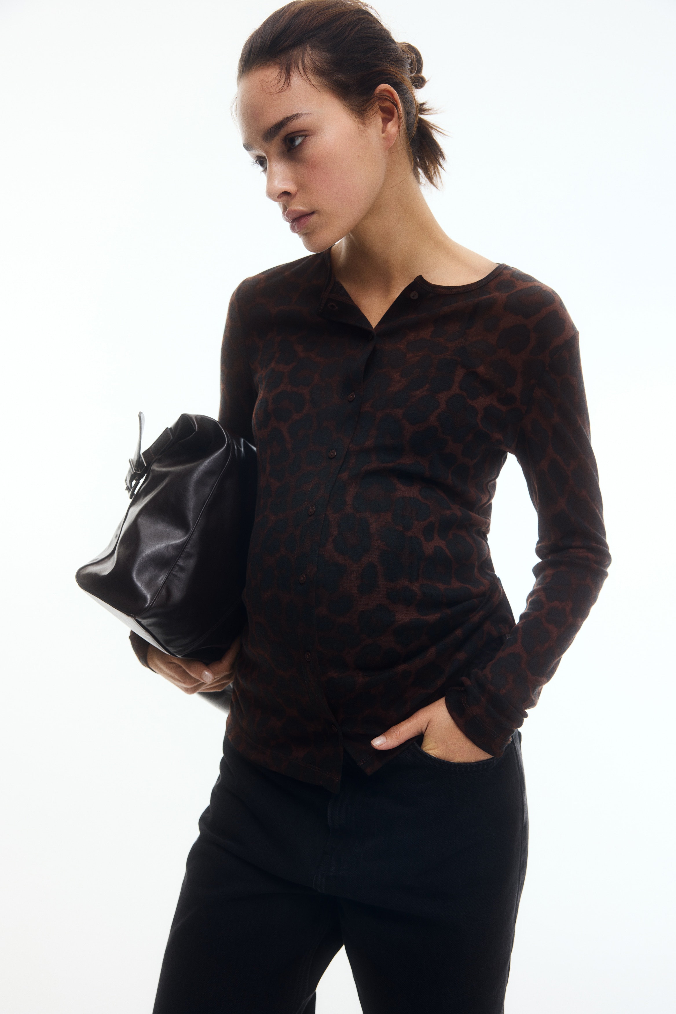 MAMA Top in maglia fine con bottoni davanti - Marrone scuro/leopardato/Nero