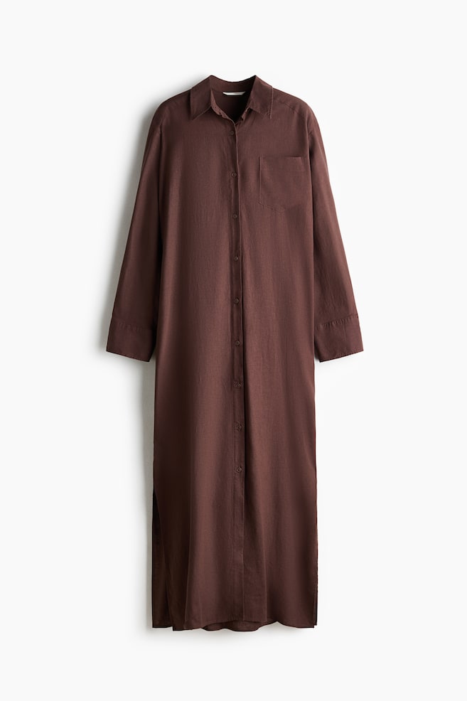Linen-blend shirt dress - Dark brown/Light beige/Dark brown/Rust red/White - 1